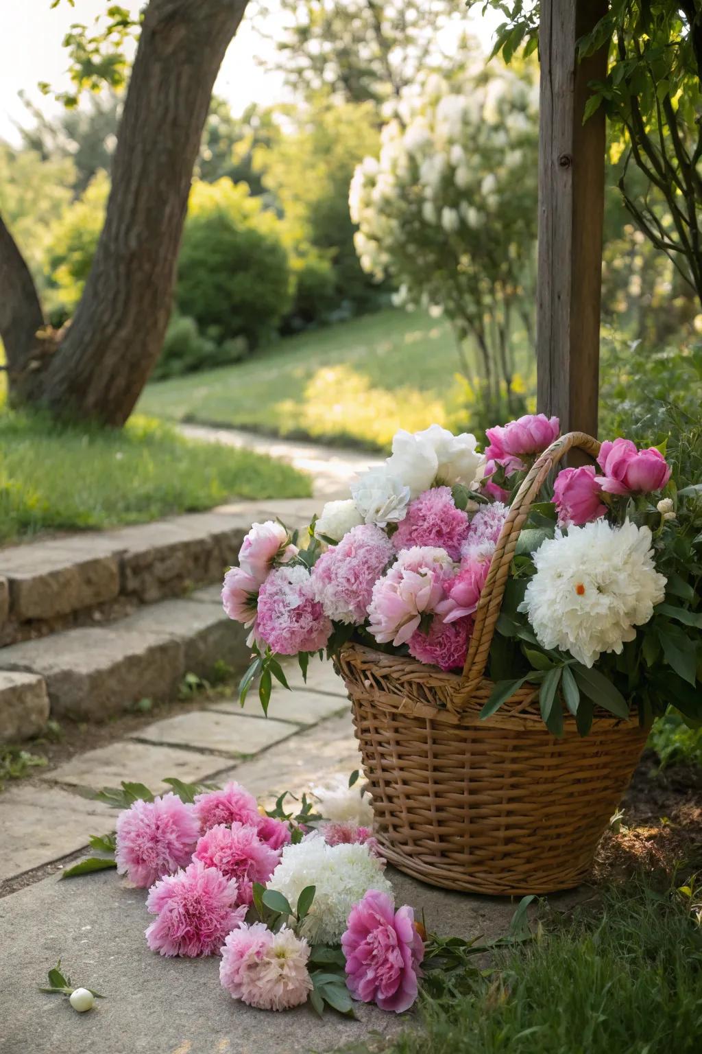 Intimate details like hampers of peonies imbuing allure to the garden.