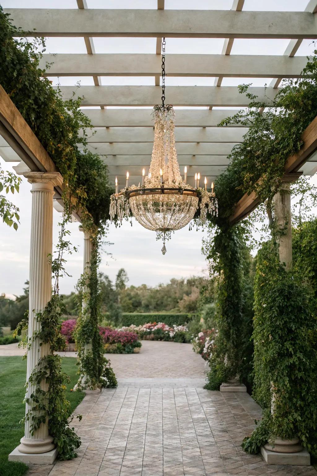 A chandelier introduces refinement and flair to the pergola.