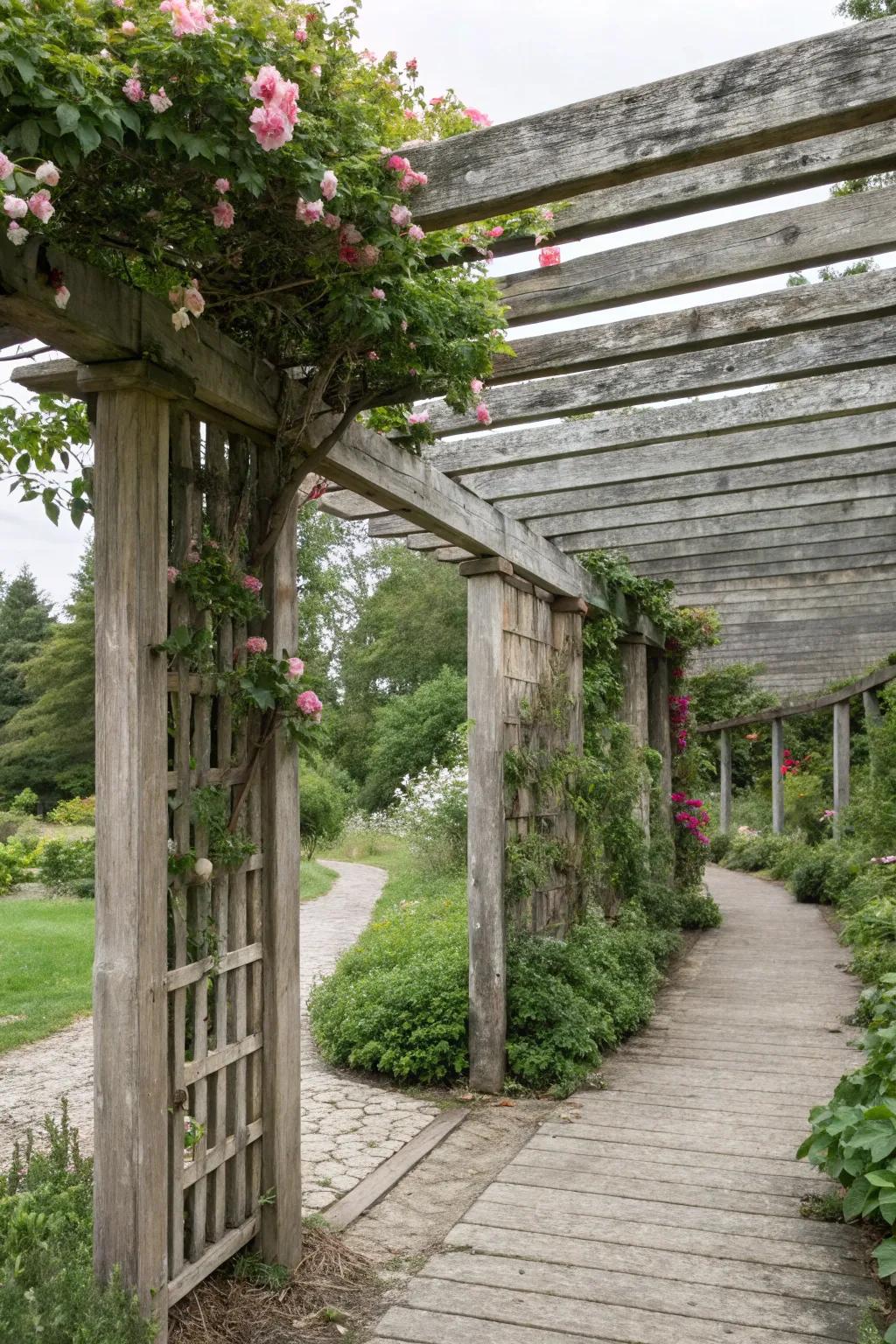 This rural pergola is given rustic appeal by the wooden slat sides.