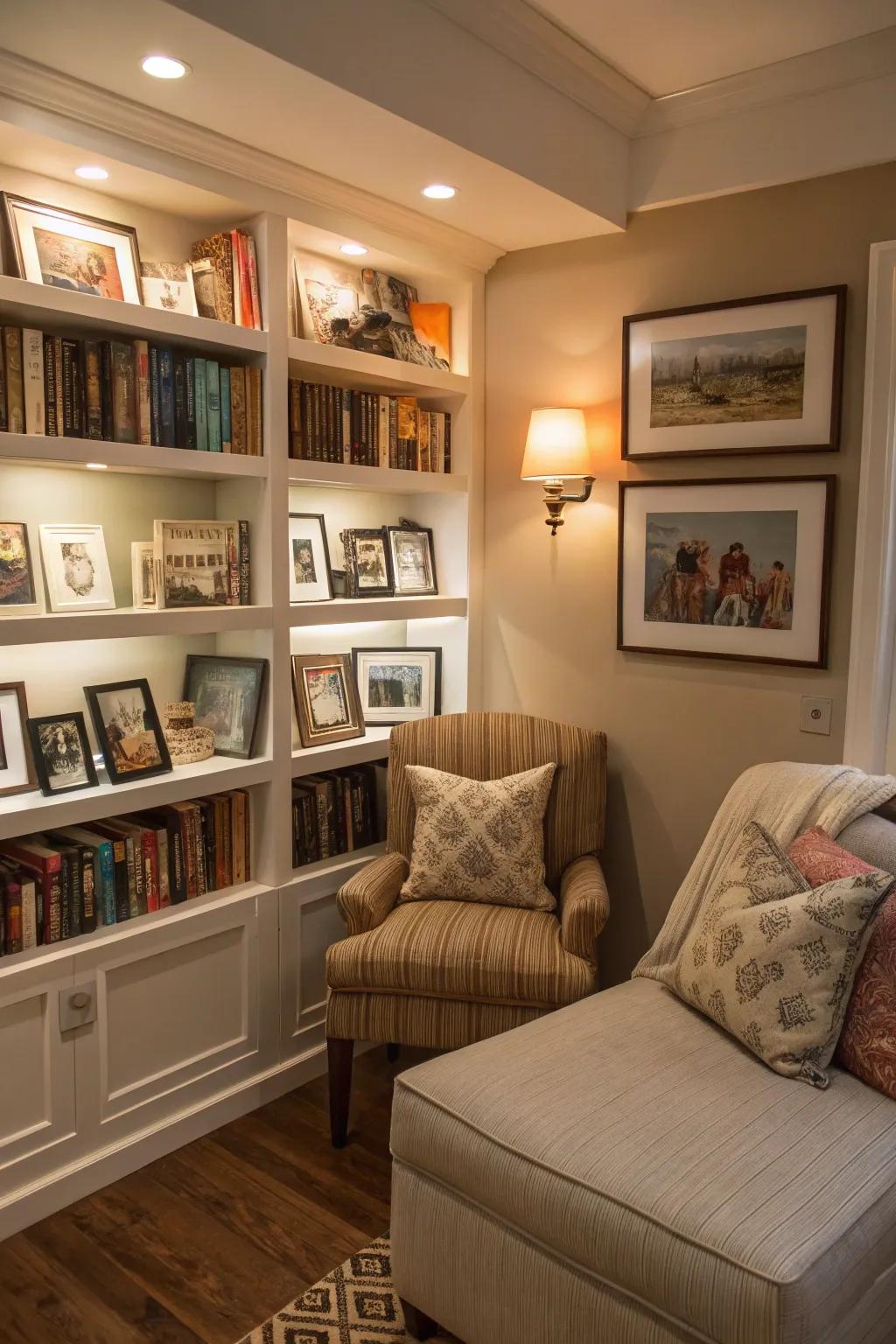 Cozy reading nook with picture ledges for personalization.