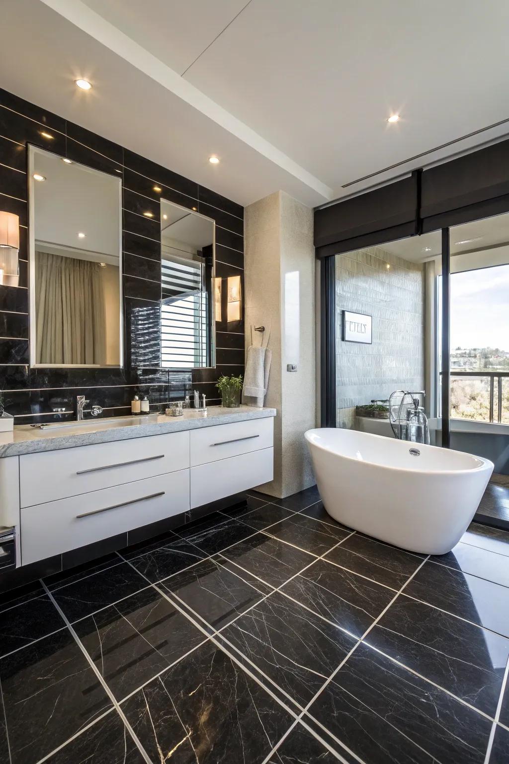 Dark tiles add sophistication and contrast in bathrooms.