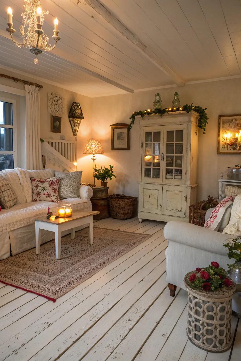 White washed floors offer both brightness and rustic charm.