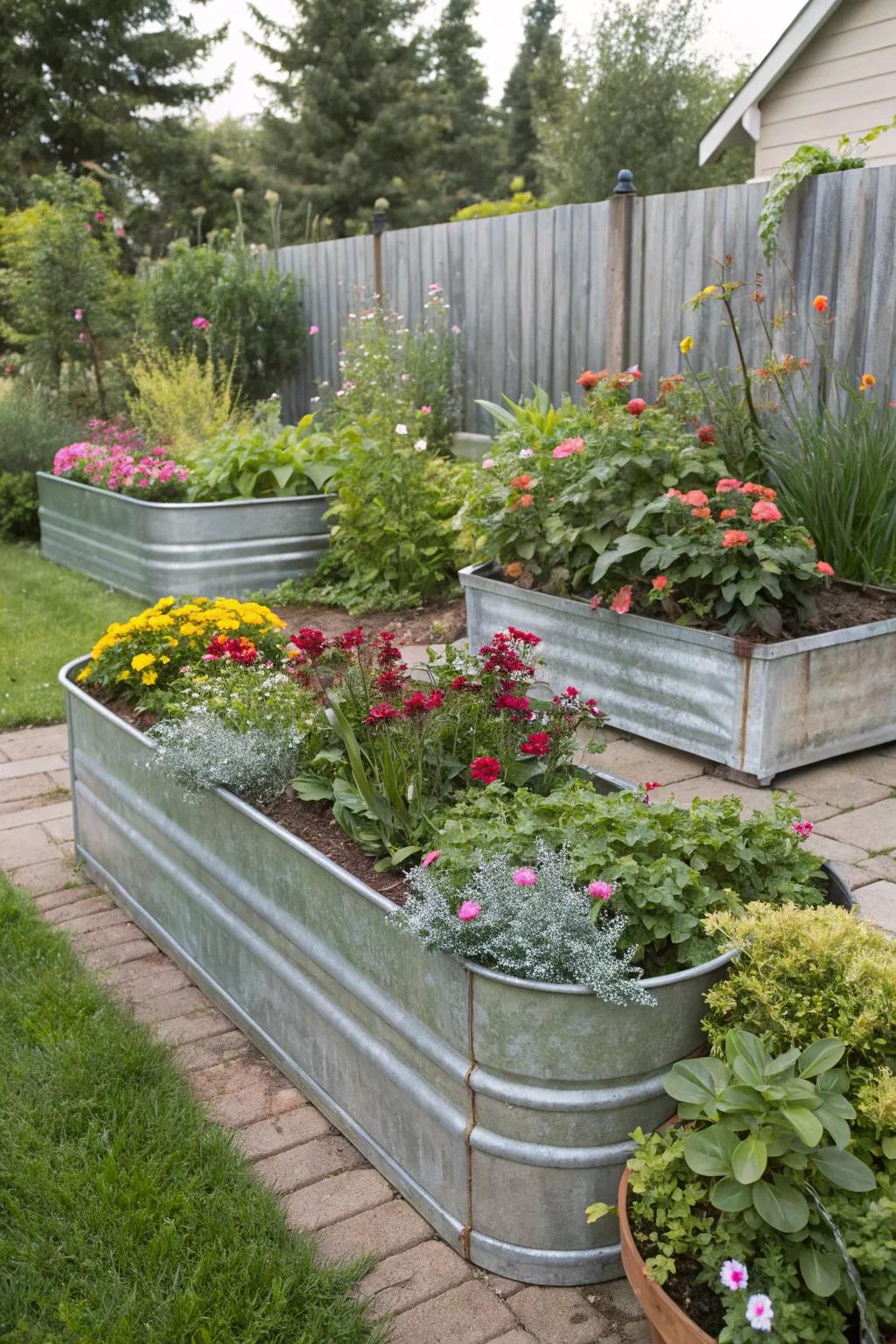 Add rustic charm with practical galvanized metal raised flower beds.
