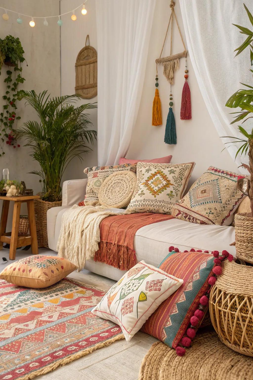 Bohemian cushions injecting a whimsical element into the aesthetic.