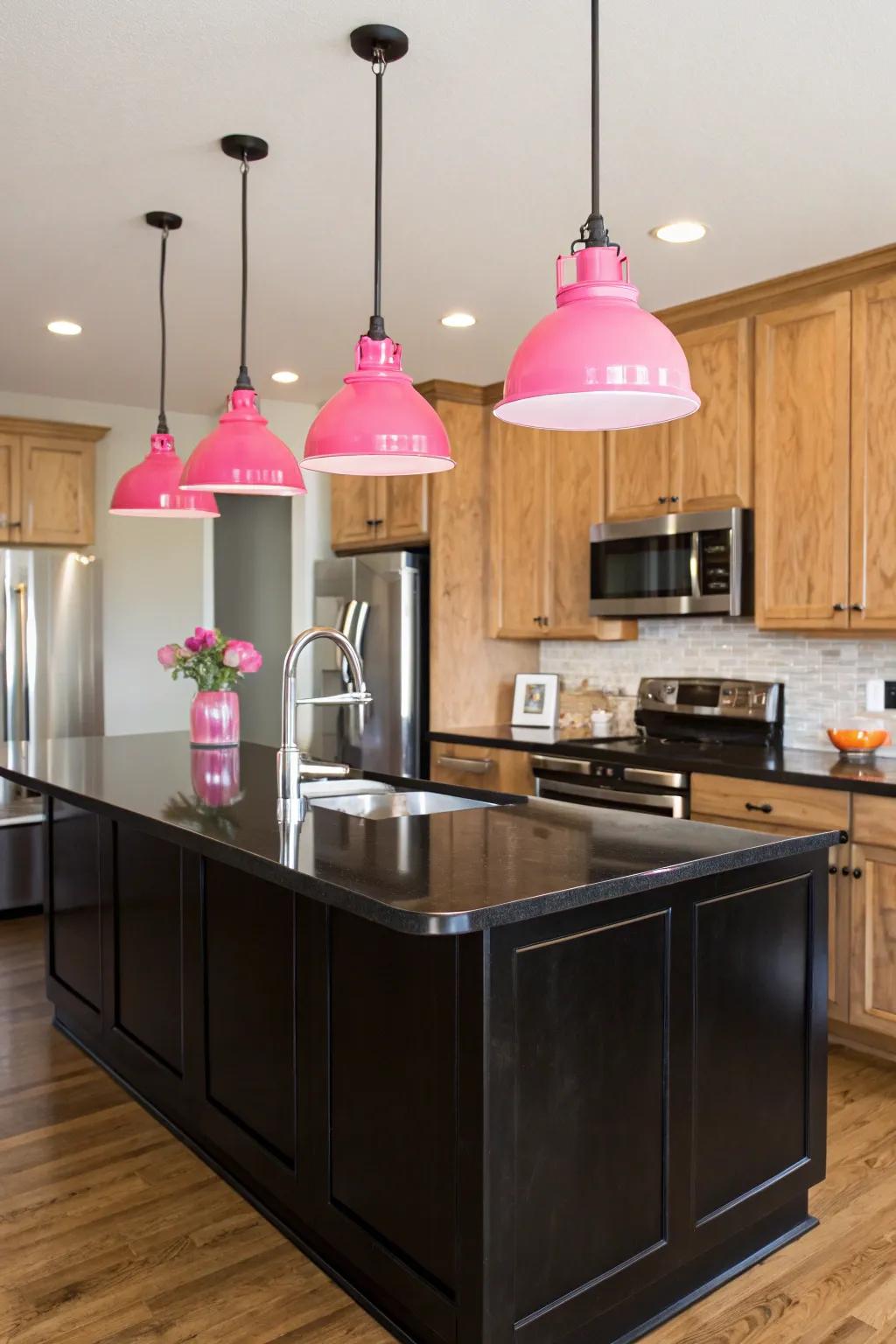 Chic rose lighting fittings add a subtle luminosity to the kitchen atmosphere.