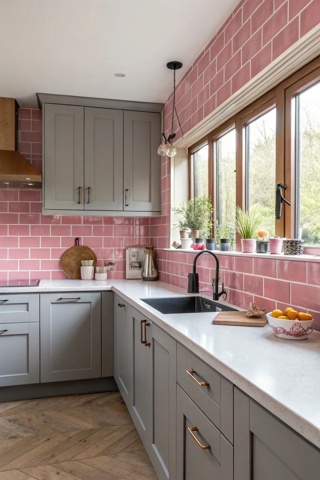 A vibrant rose mosaic splashback in a grey kitchen setting.