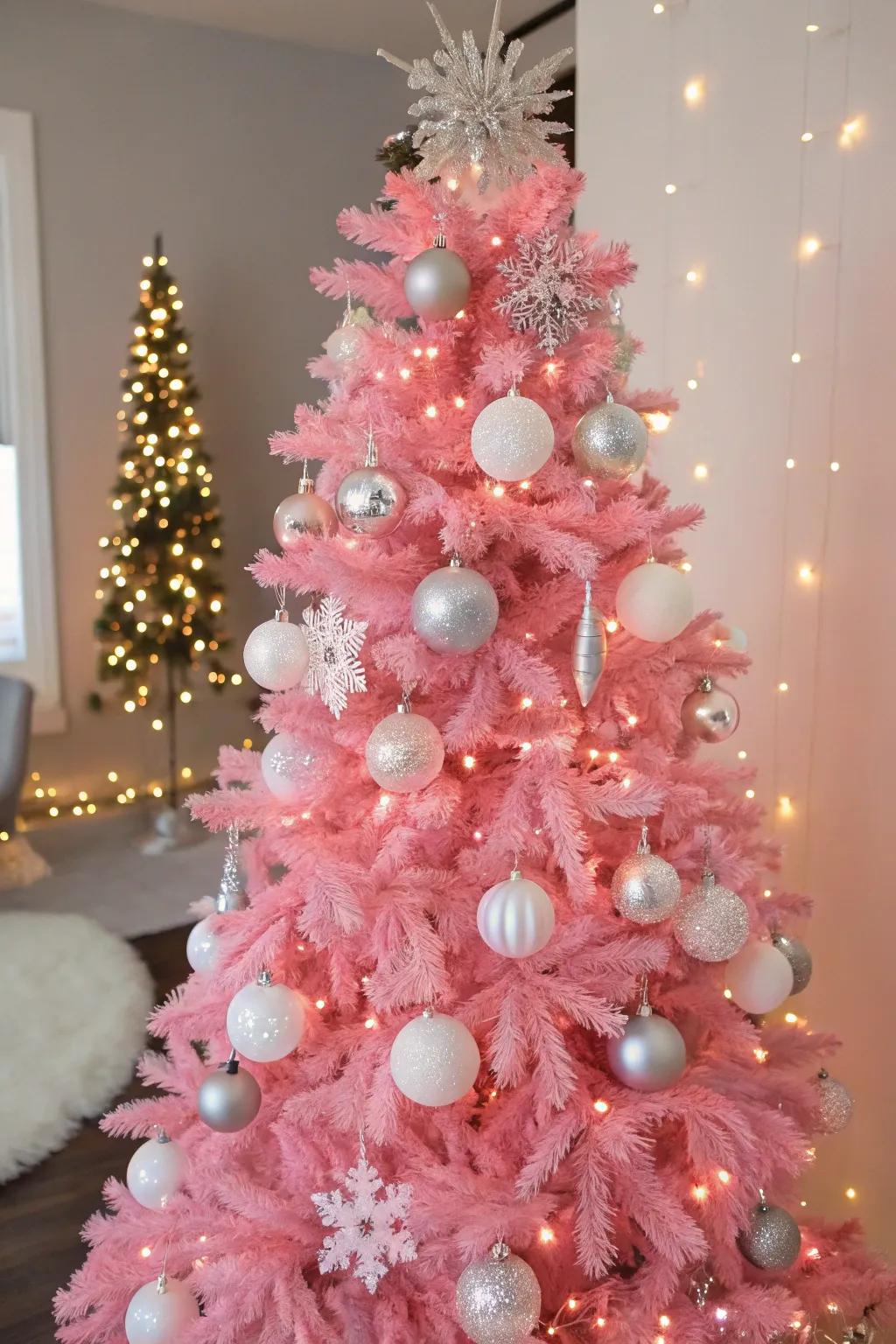 Ivory and silver accents amplify the splendor of this rose fir.