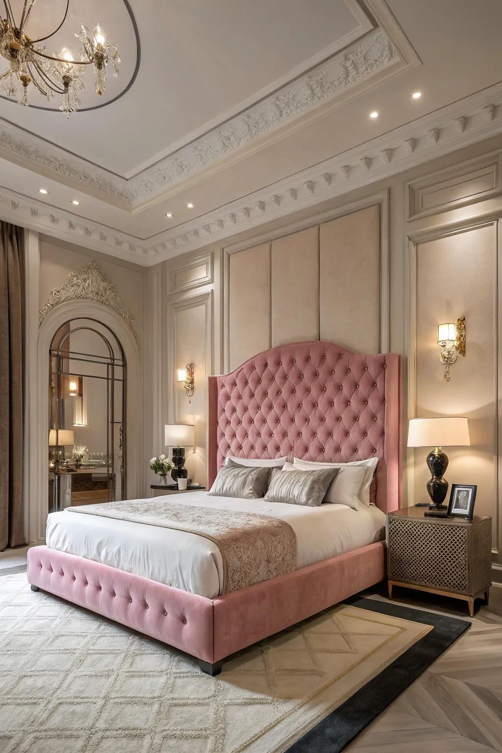 A dramatic and lavish bedroom featuring a large pink bedhead.