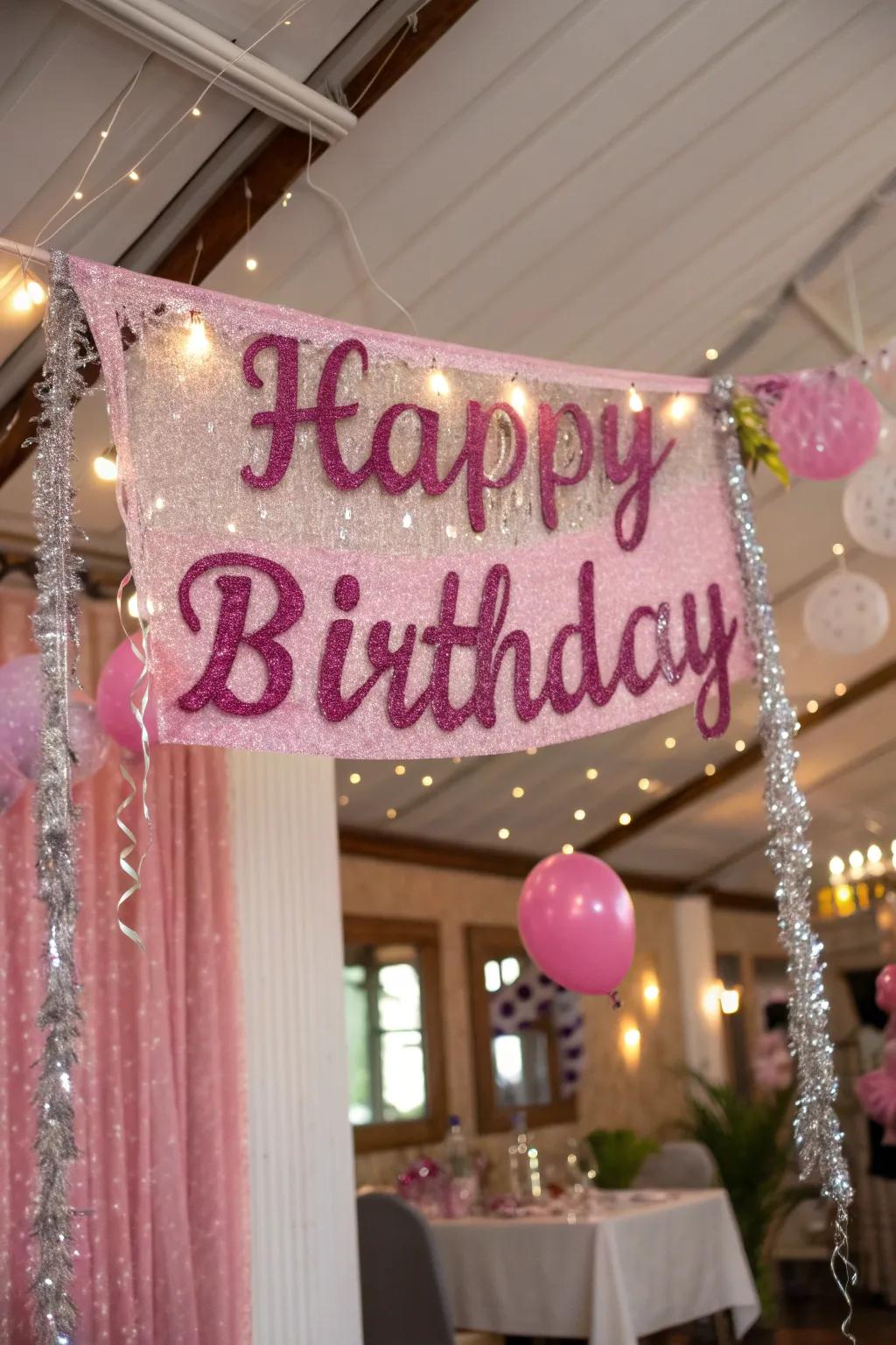 Bespoke roseate banners infuse a personal aspect into the celebration.