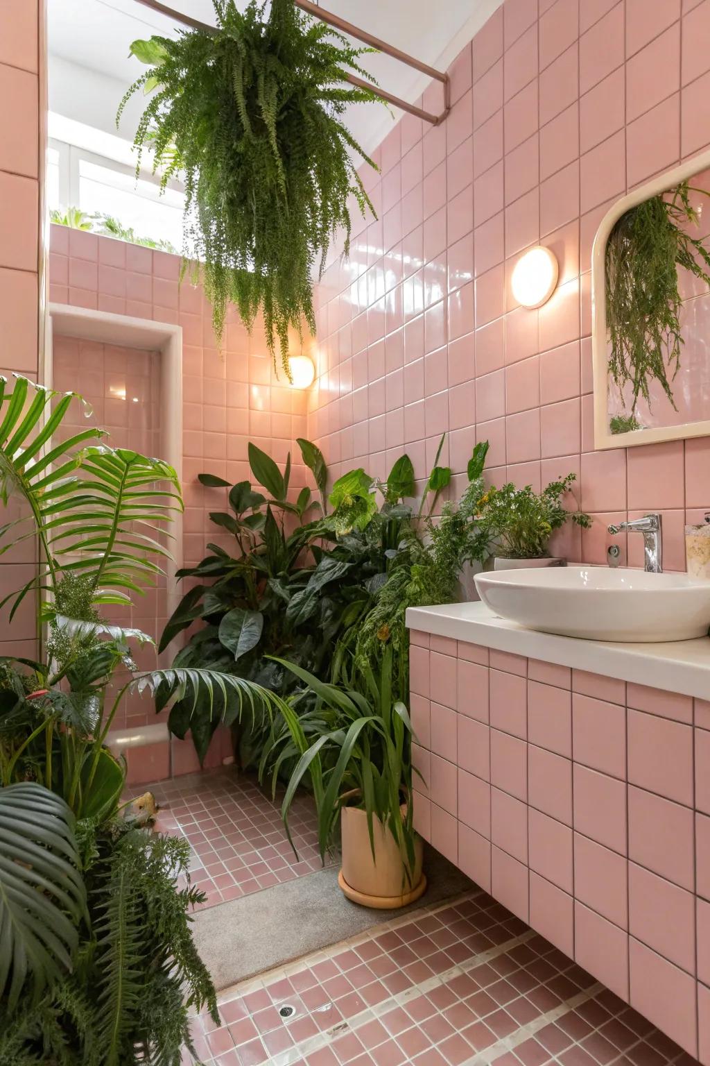 A refreshing bathroom featuring rosy tiles and energetic botanical details.