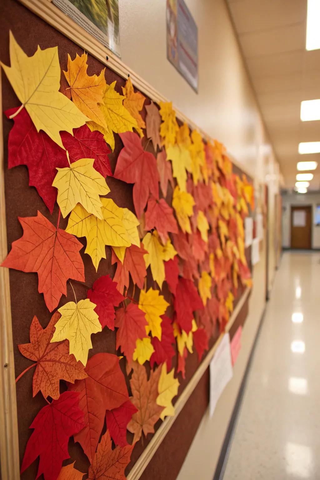 A colorful fall bulletin board inspired by the vibrant hues of autumn leaves.