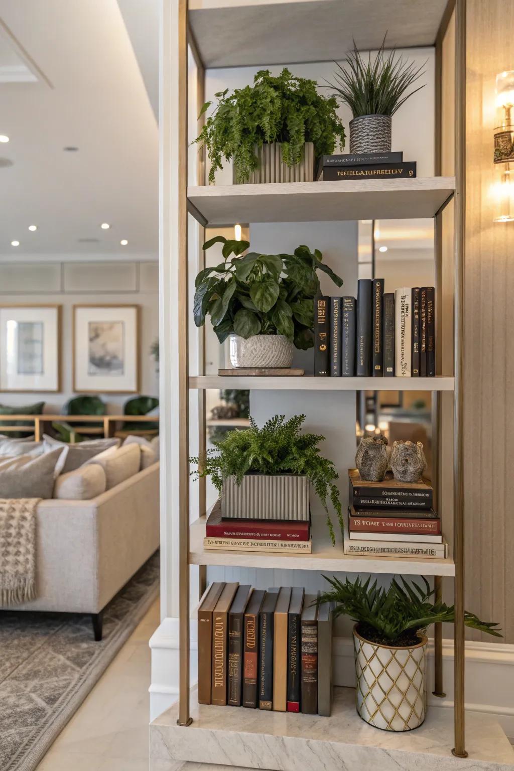 A functional and decorative plant shelf enhancing the room's style.