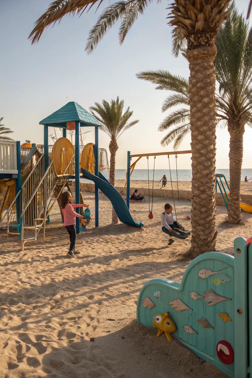 Beach sand transforms playgrounds into beach-style getaways.