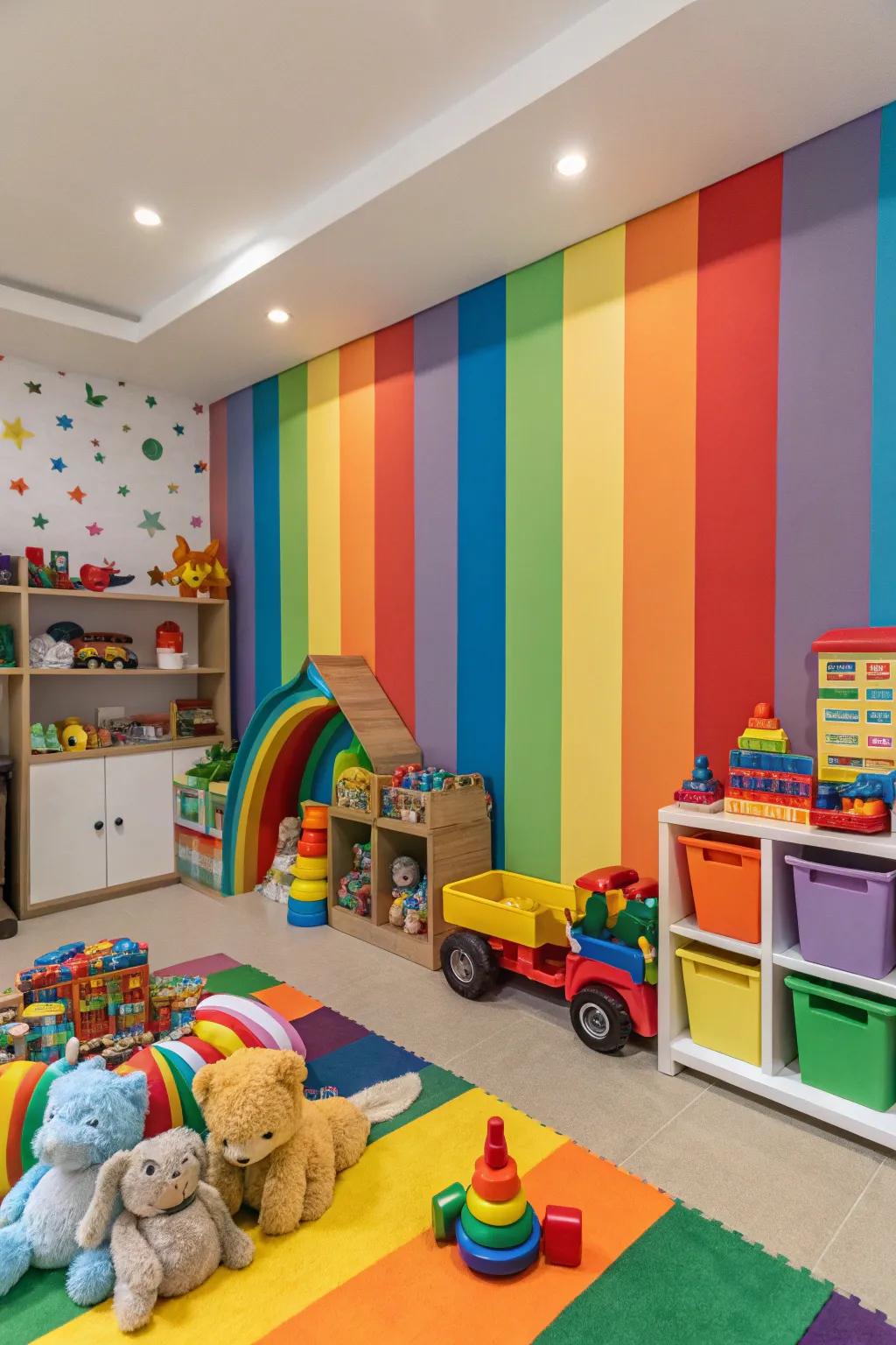 Chromatic bands imbue the playroom with joy and vibrancy.