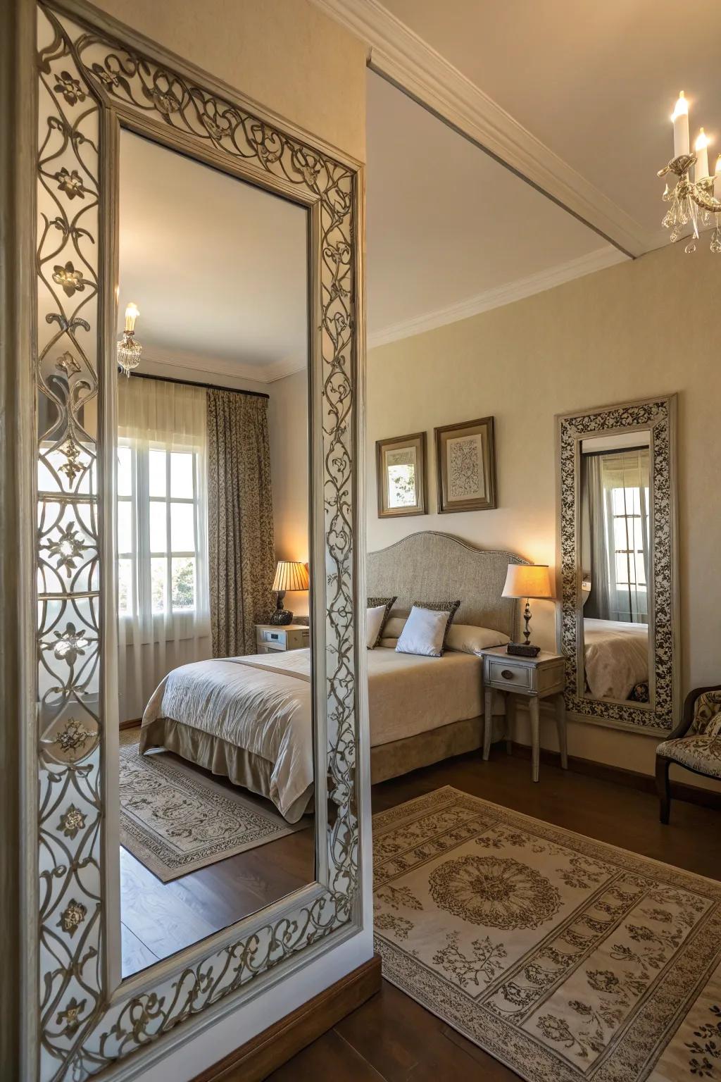 Ornamental mirrors add depth and elegance to a plush bedroom.