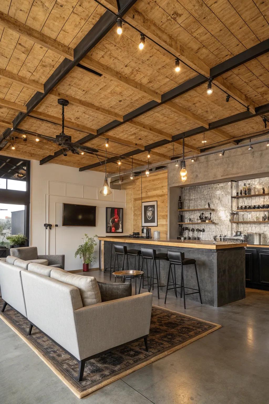 An industrial look with plywood and exposed beams adding depth to the ceiling.