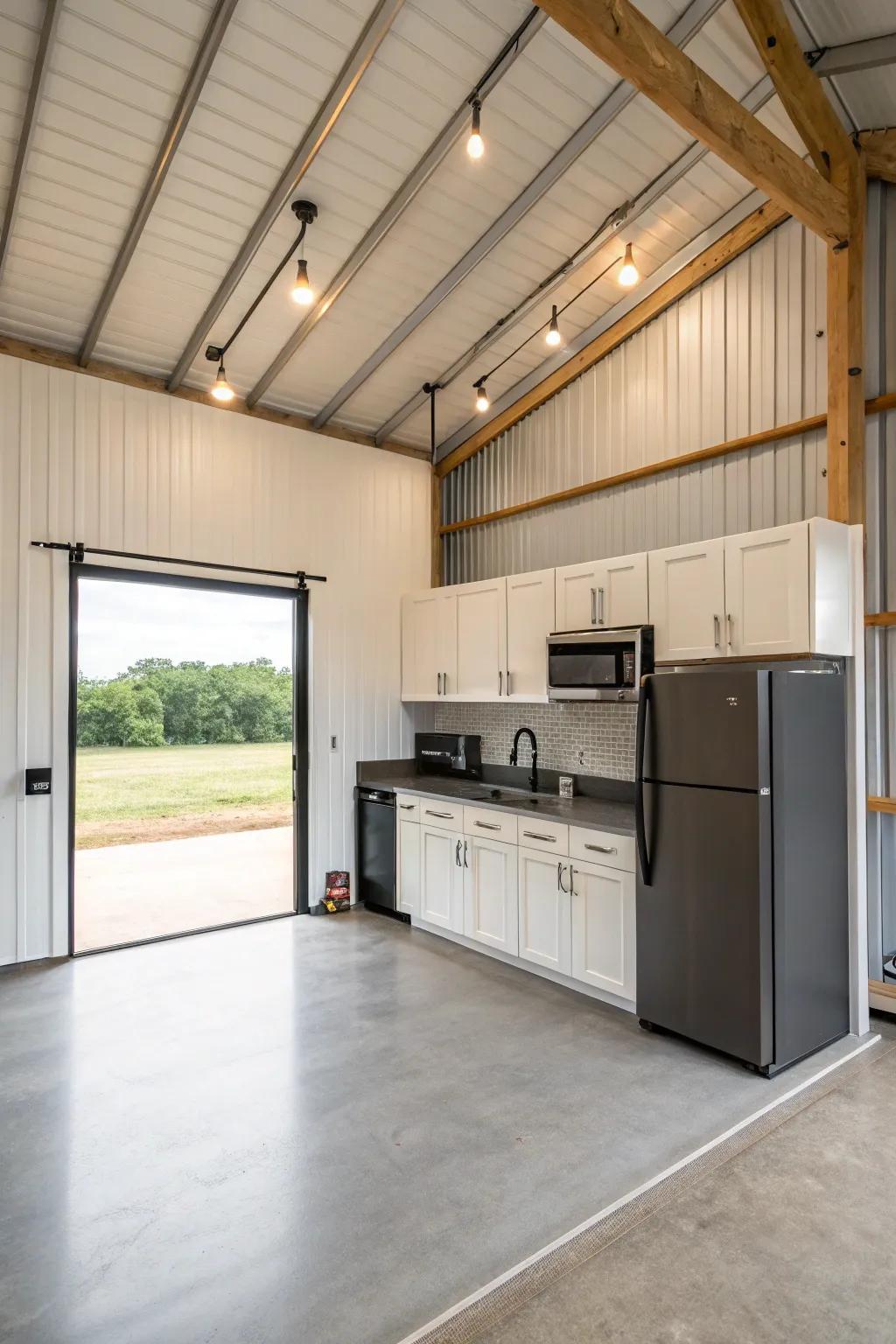 A contemporary food-prep area inside a pole barn showcasing a sleek and minimalistic design.