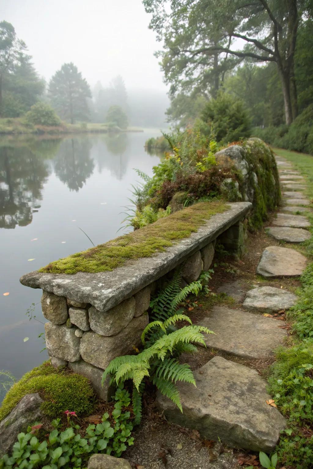 A built-in stone bench provides a natural seating answer by the pond.