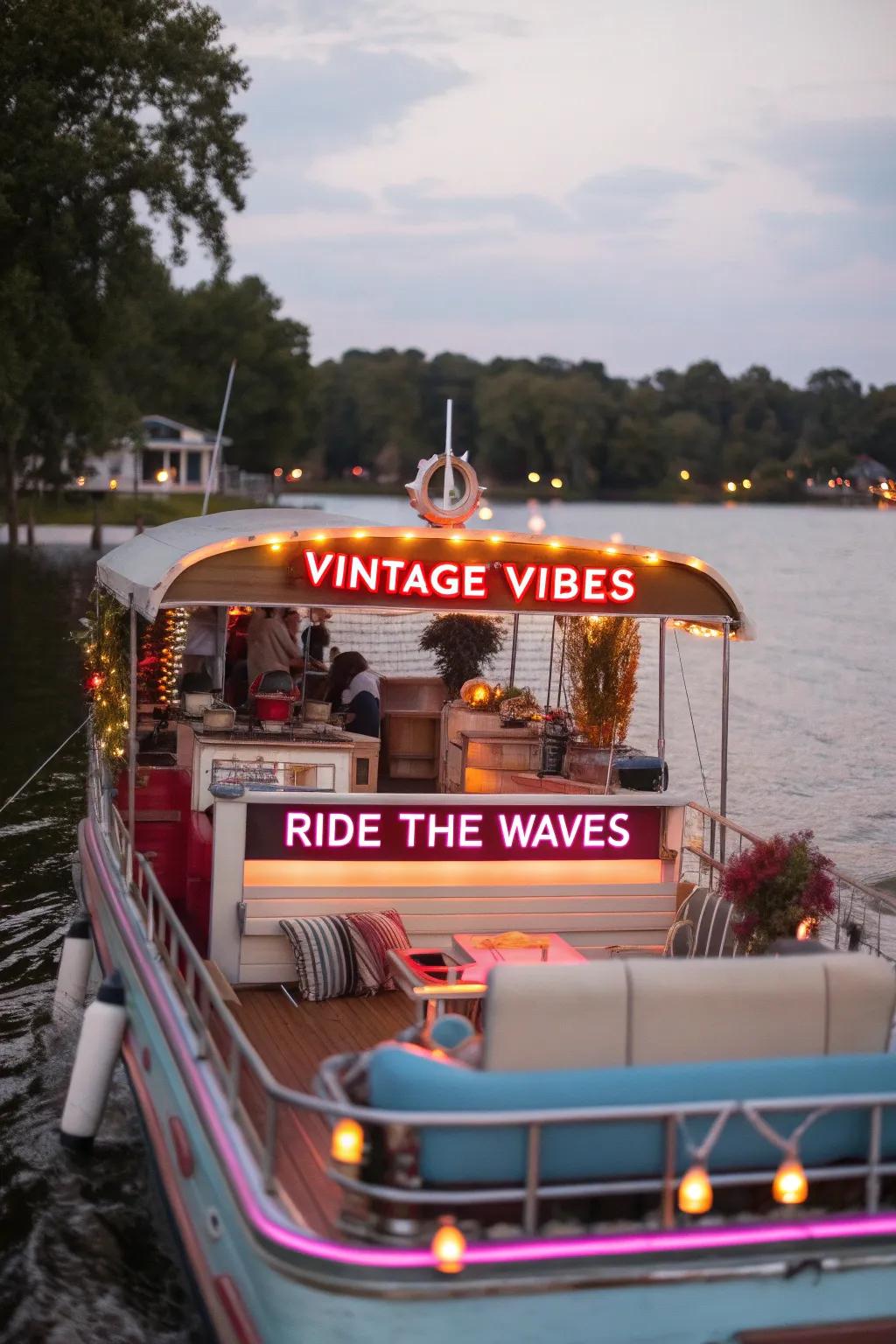 A pontoon boat with a past era theme, shimmering with light emitting diodes and vintage charm.