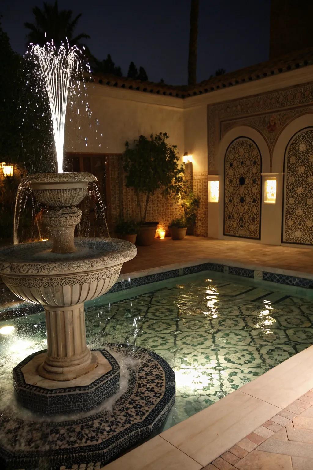 Spotlighting transmutes a water fountain into an awe-inspiring nocturnal centerpiece.