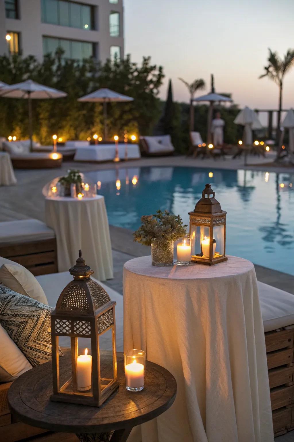 Accessories for the poolside, including lanterns and tables, add to the ambiance.