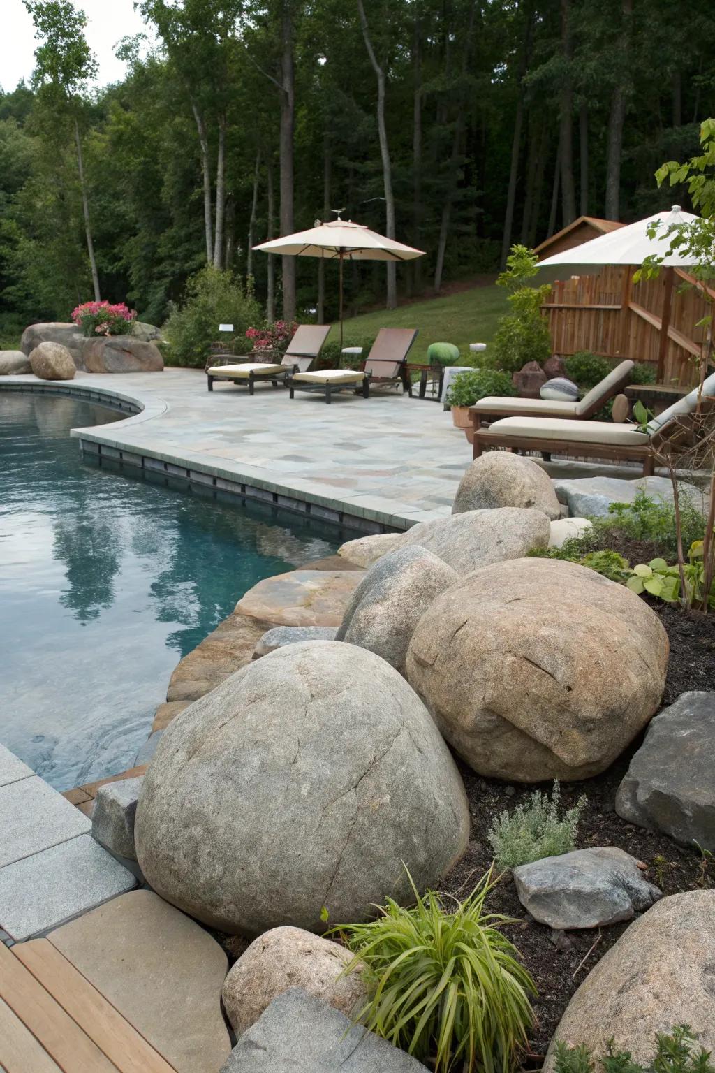 Massive stones bring a dramatic and natural element to pool surroundings.