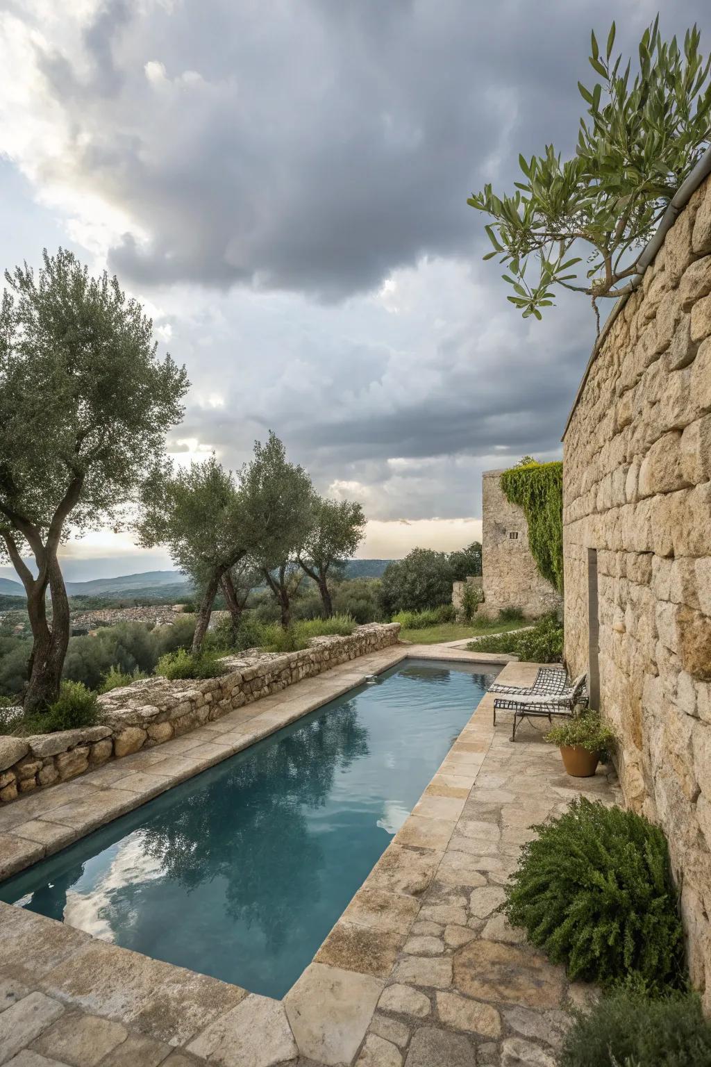 Natural stone infuses warmth and a rustic allure to pool surroundings.