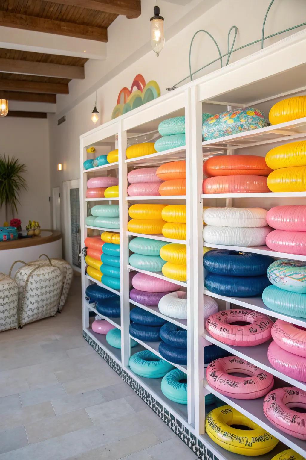 Multi-tiered storage allows systematization of pool floats contingent upon dimension.