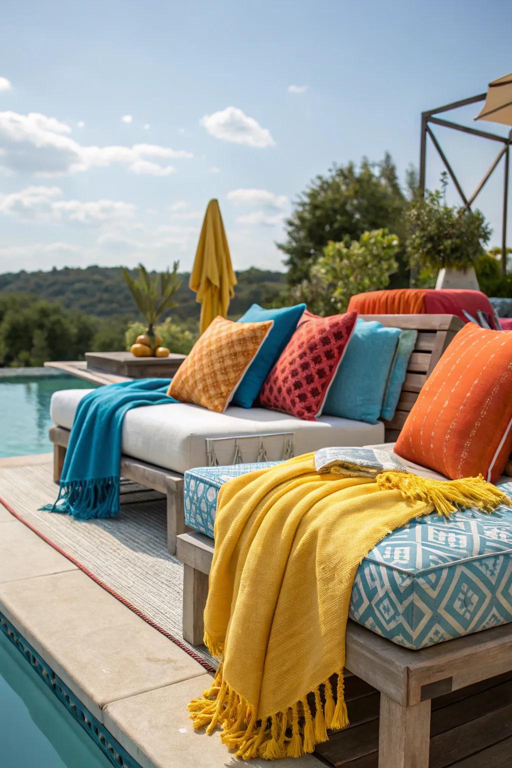 Bright cushions and throws bring life and comfort to your pool area.