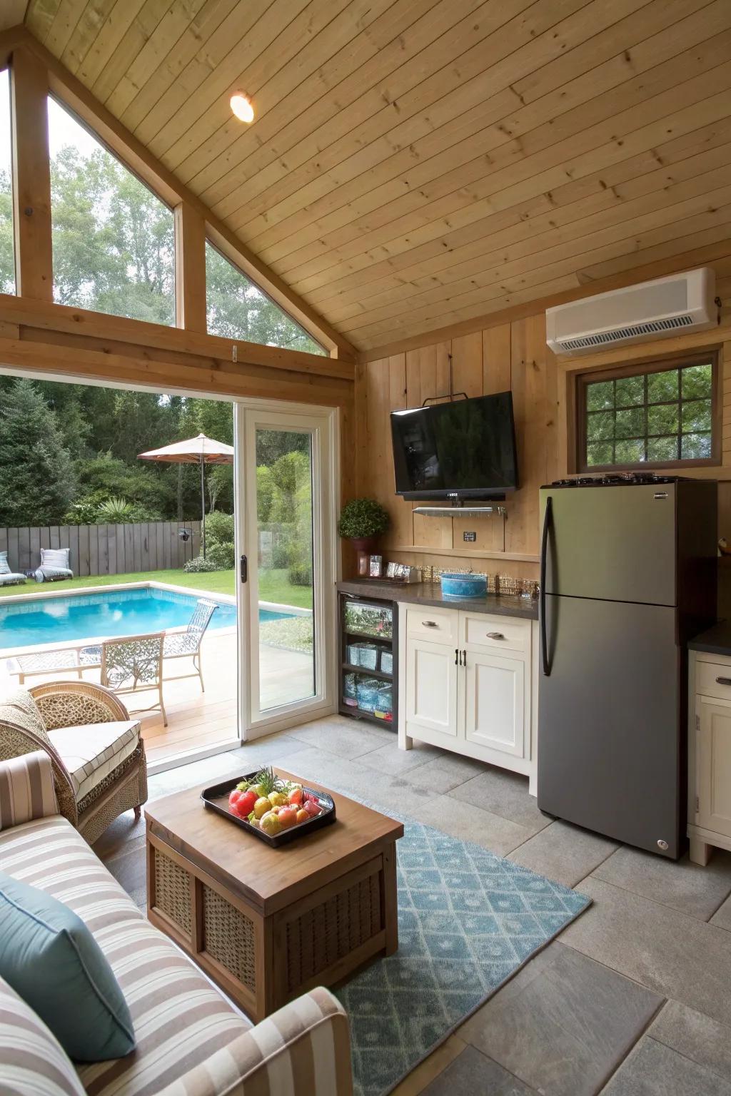 A small pool house offering cozy and vital amenities.