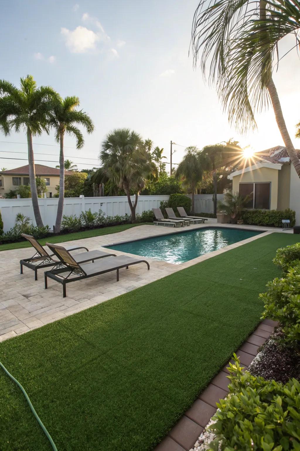 Add low-maintenance green spaces with artificial turf around your pool.