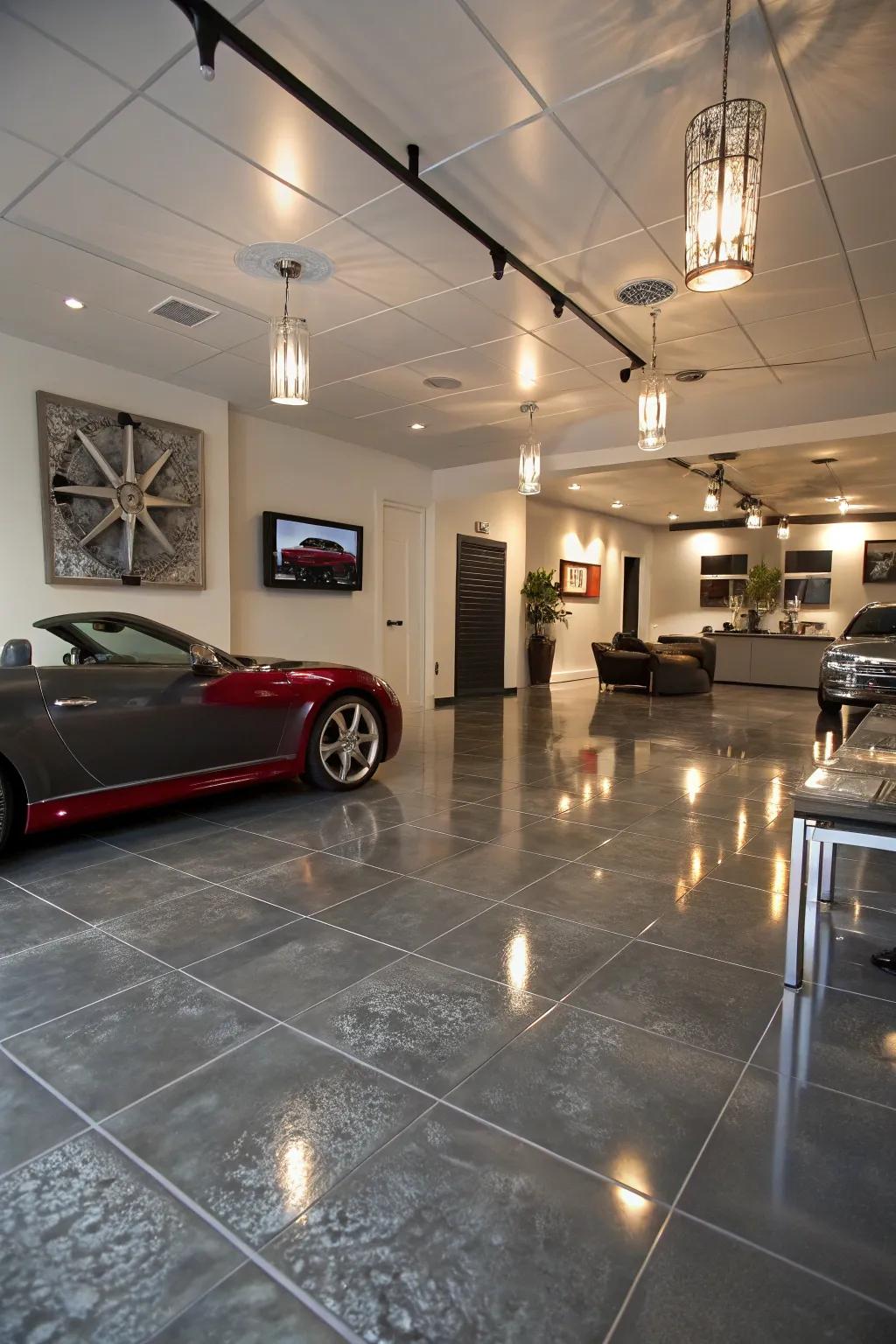 Add some modern style to your garage using metallic sheen tiles.