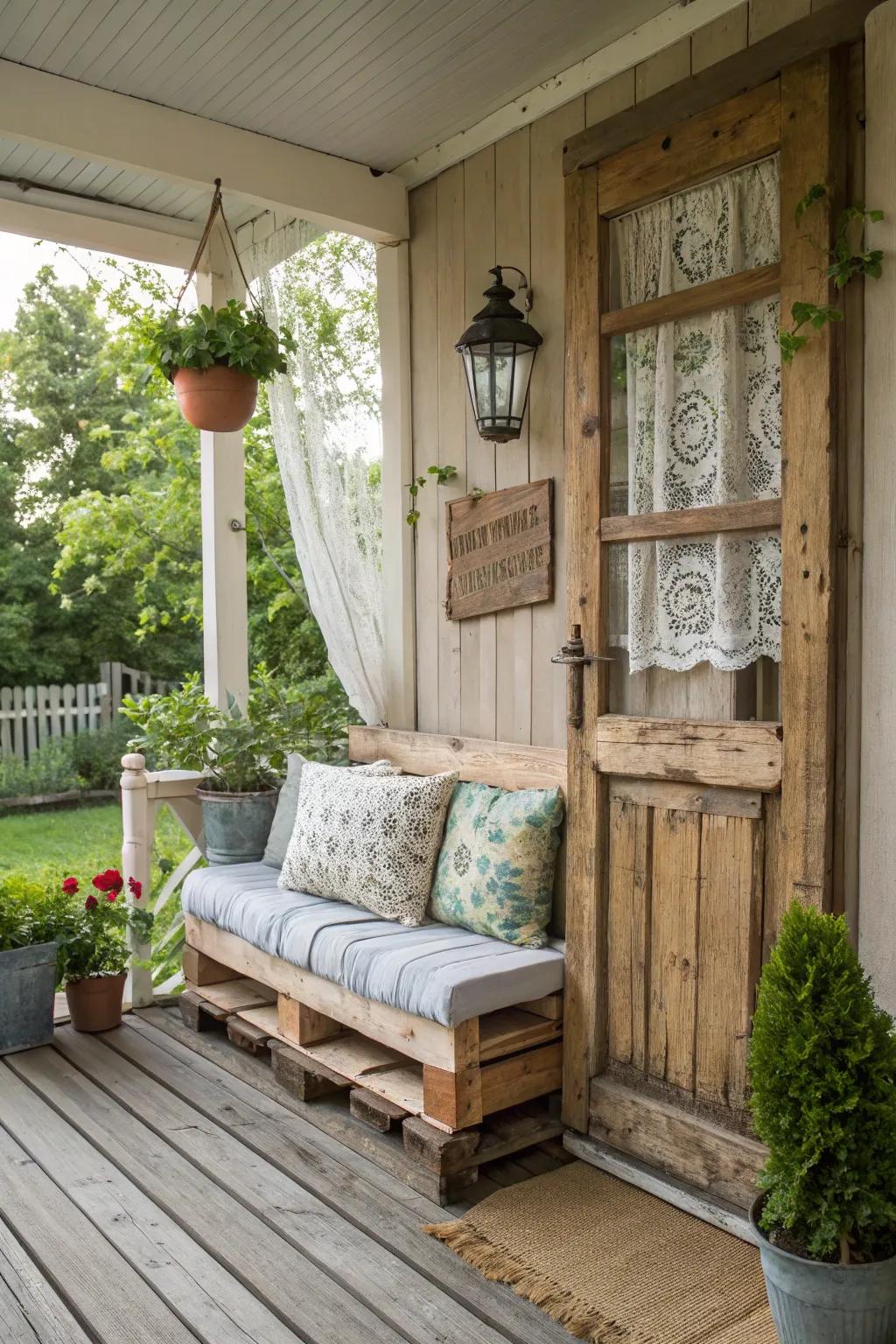 A wood cargo bench introduces rustic allure to a porch.