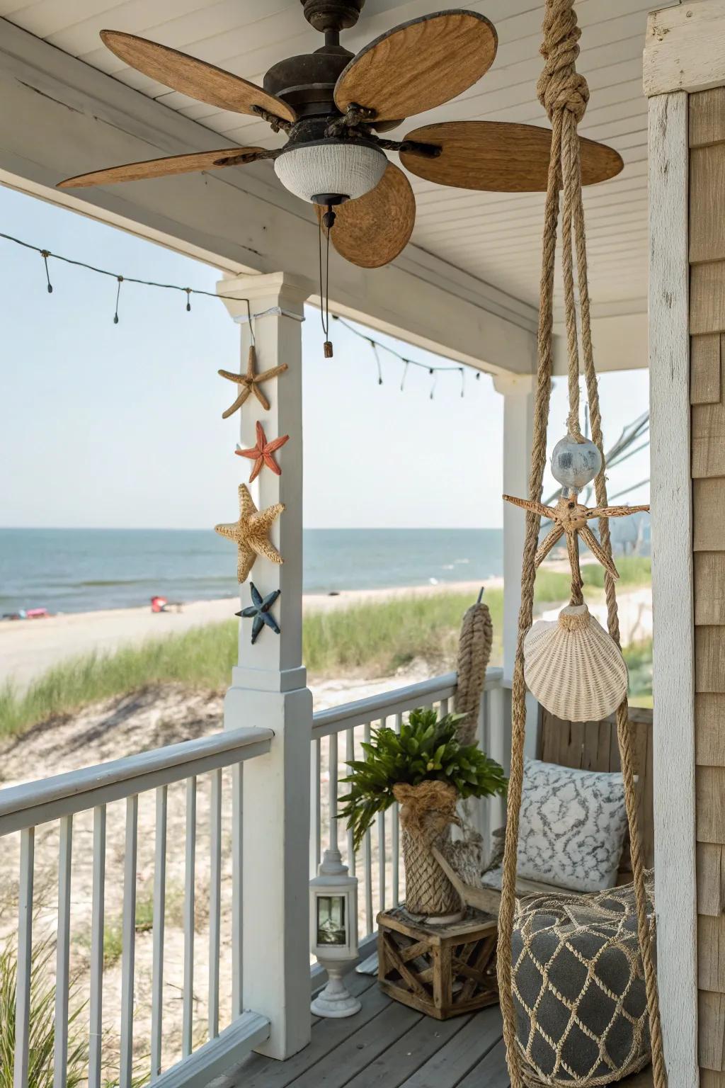 A coastal-themed air mover adds seaside charm to this beach-inspired porch.