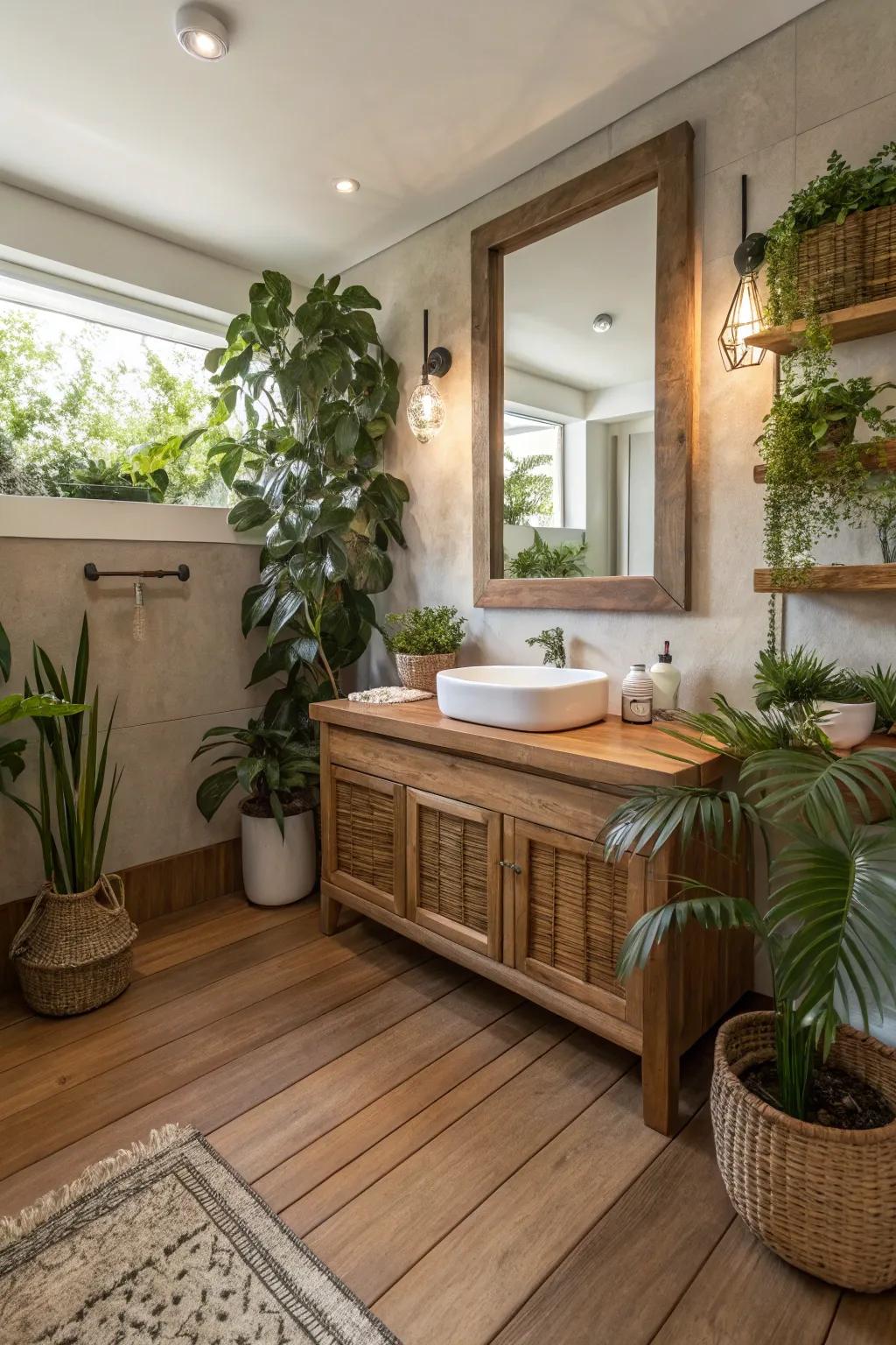 A powder room showcasing organic components such as wood and plants.