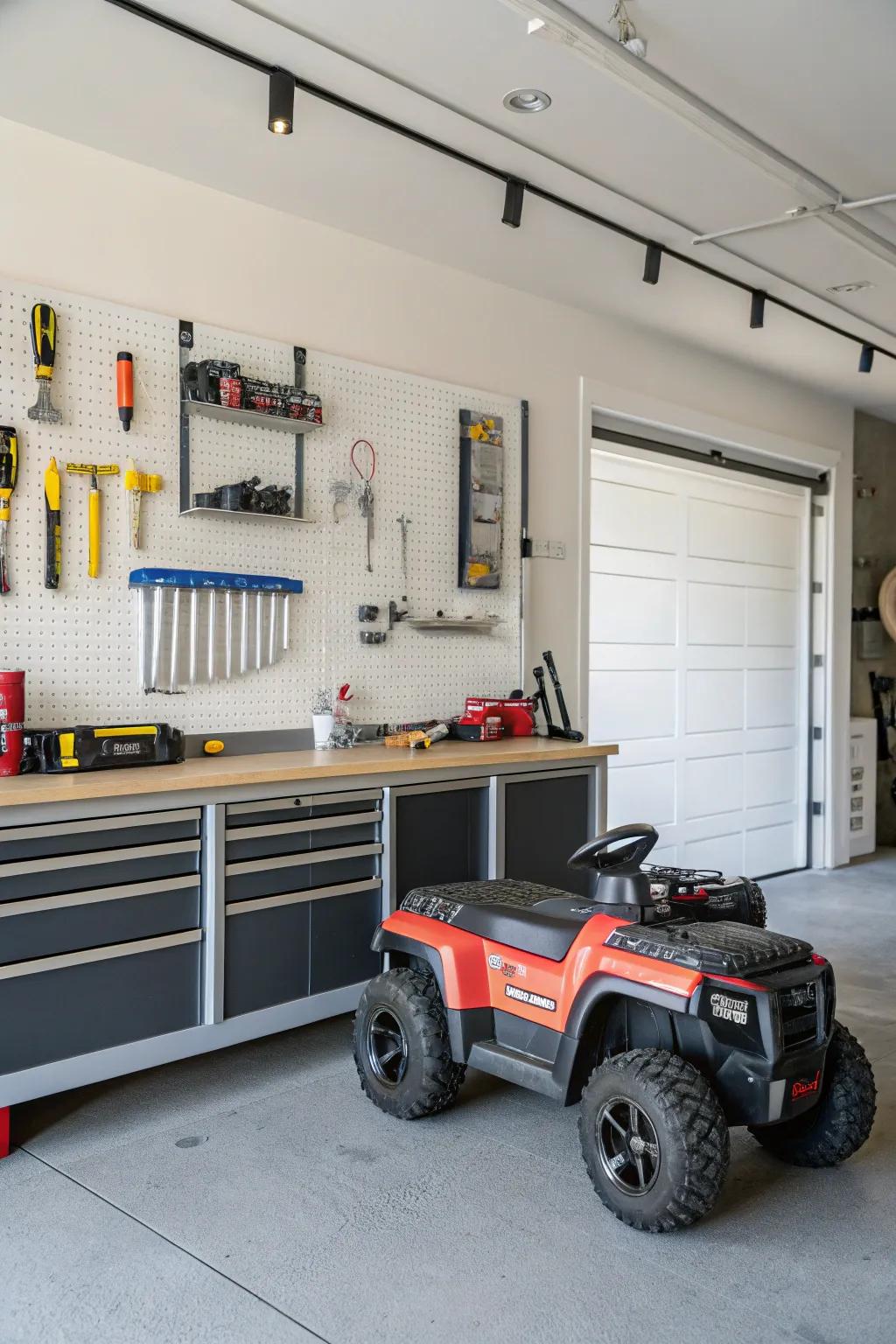 Ride-on toys stored under a workbench to use space efficiently.