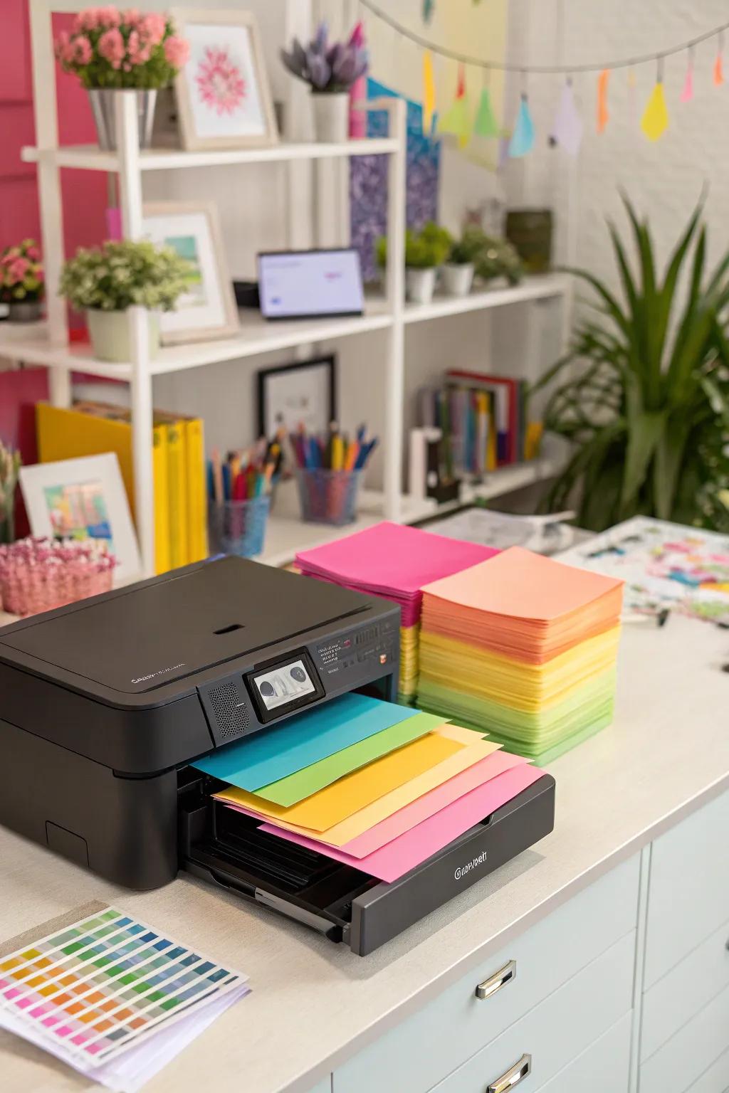 A vibrant display brightens the office while keeping it well-organized.