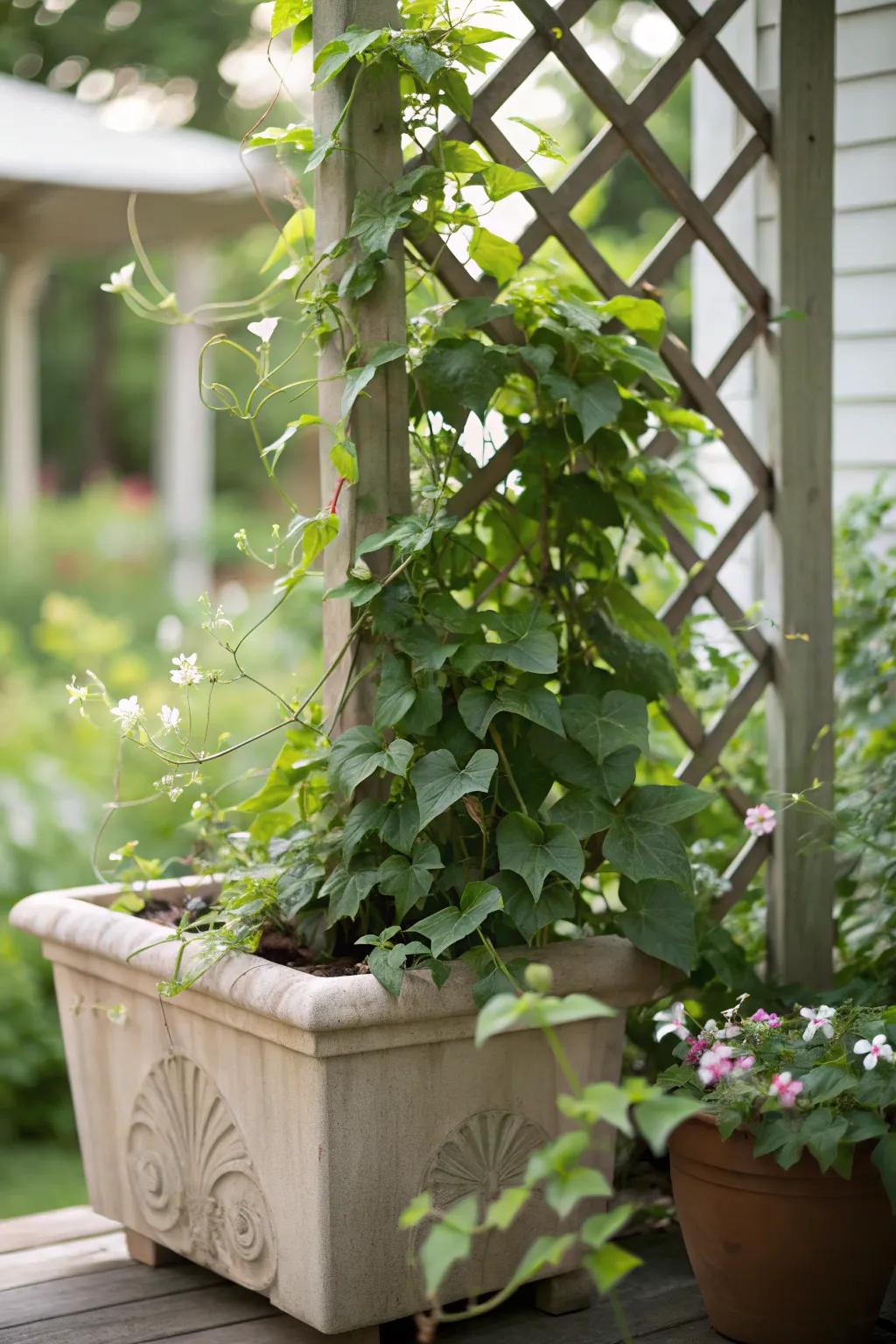 Merge planters with trellises for a versatile privacy feature.