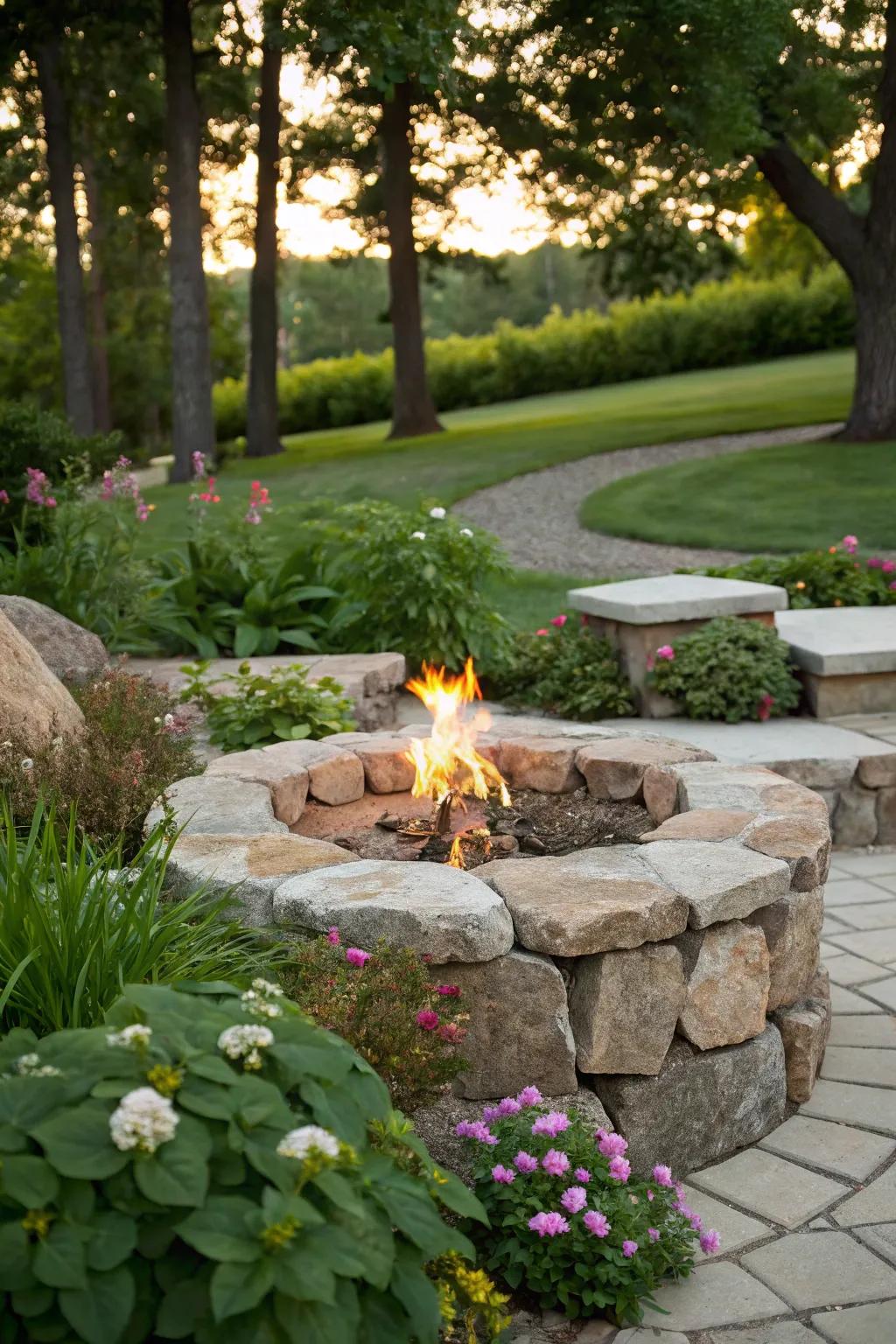 Achieve a harmonious look with a propane fire pit integrated with natural stone.