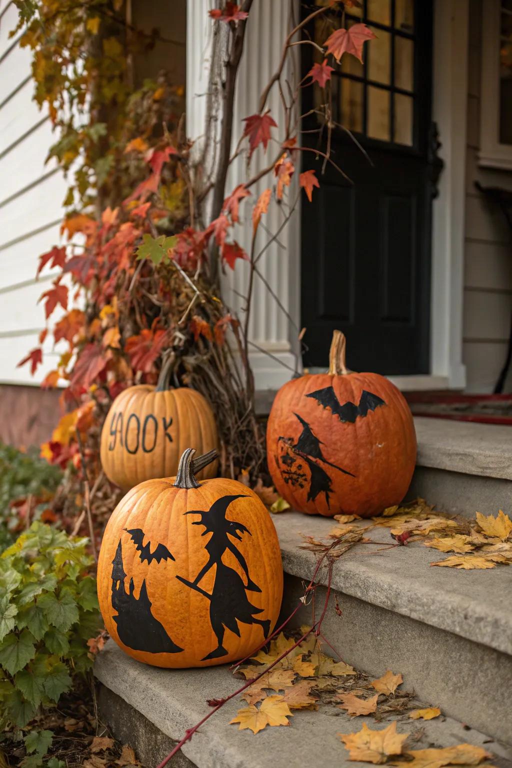 Pumpkins displaying eerie Halloween silhouettes.