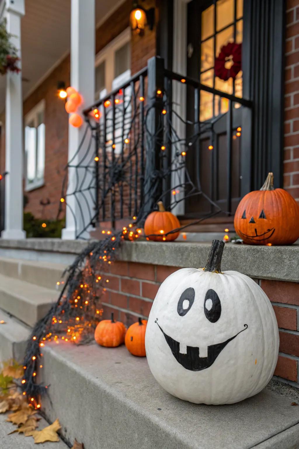 An affable wraith pumpkin eliciting grins rather than terror.