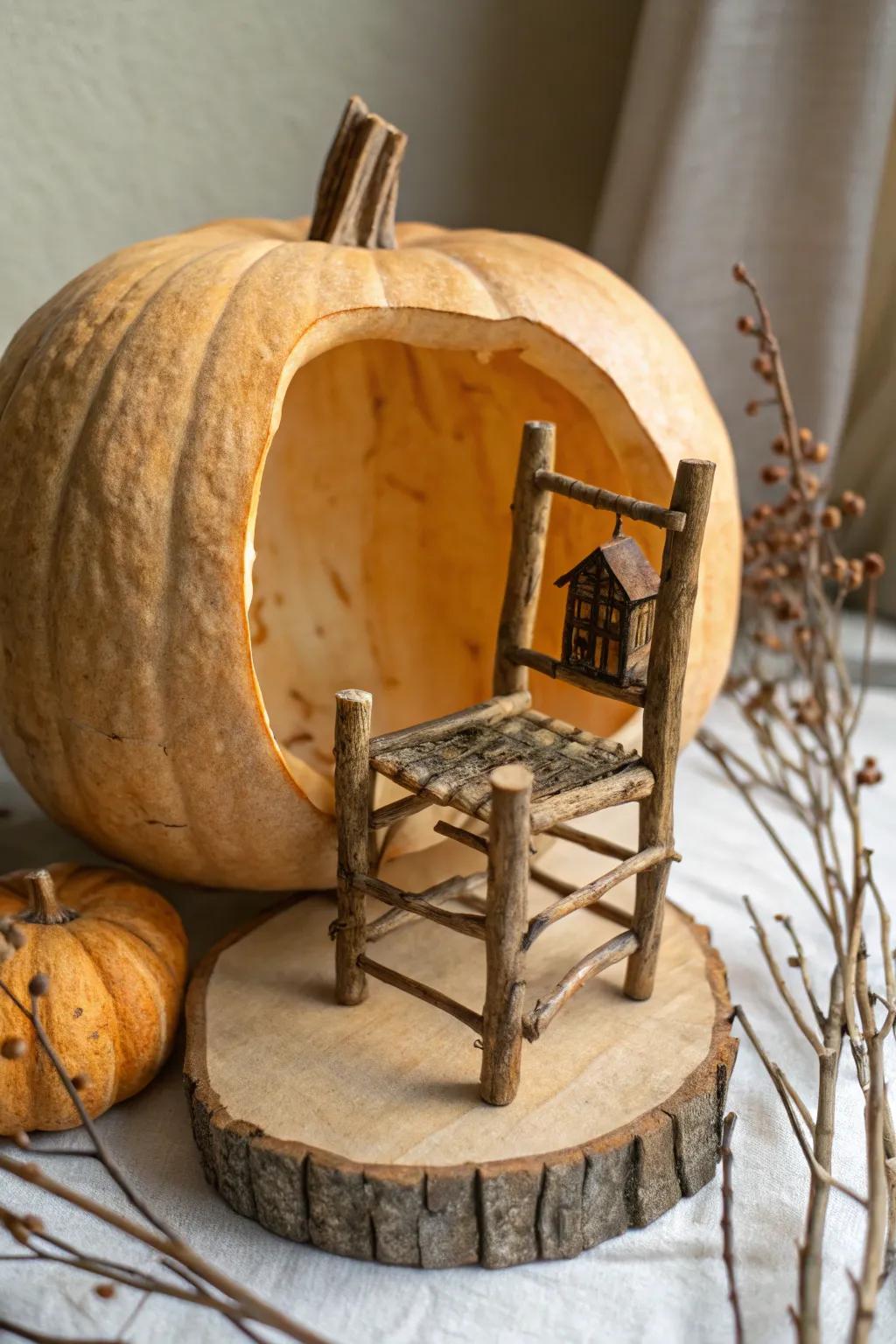 Venture into the enchanting realm of fairytales with this charming sprig and rind chair, excellent for a cozy pumpkin sanctuary.