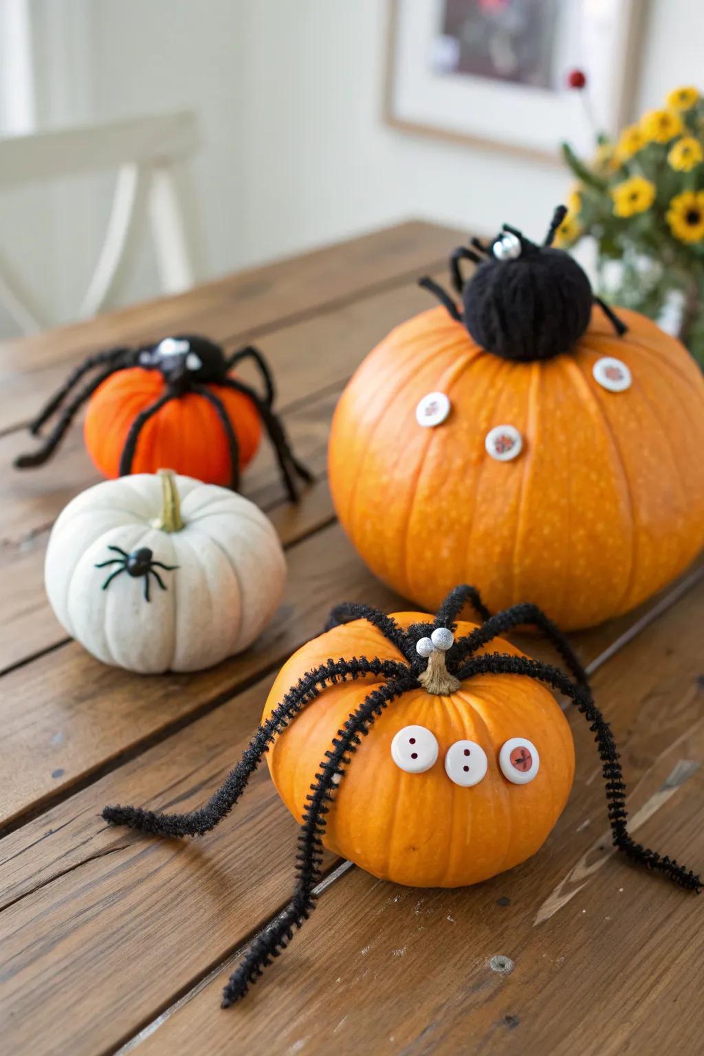 Button spider pumpkins add a playful Halloween twist to your decor.