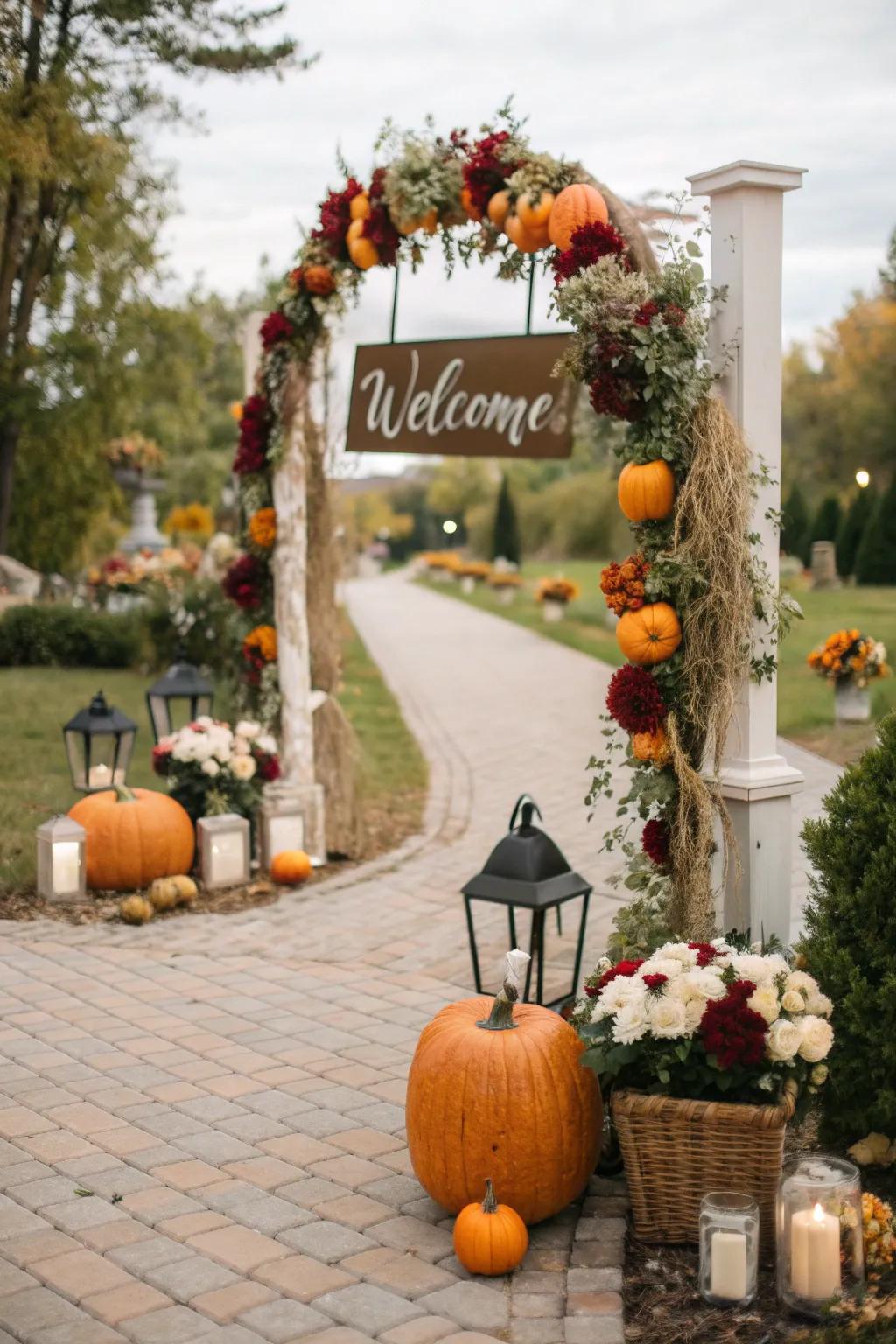A welcoming entrance featuring gourds and signage.