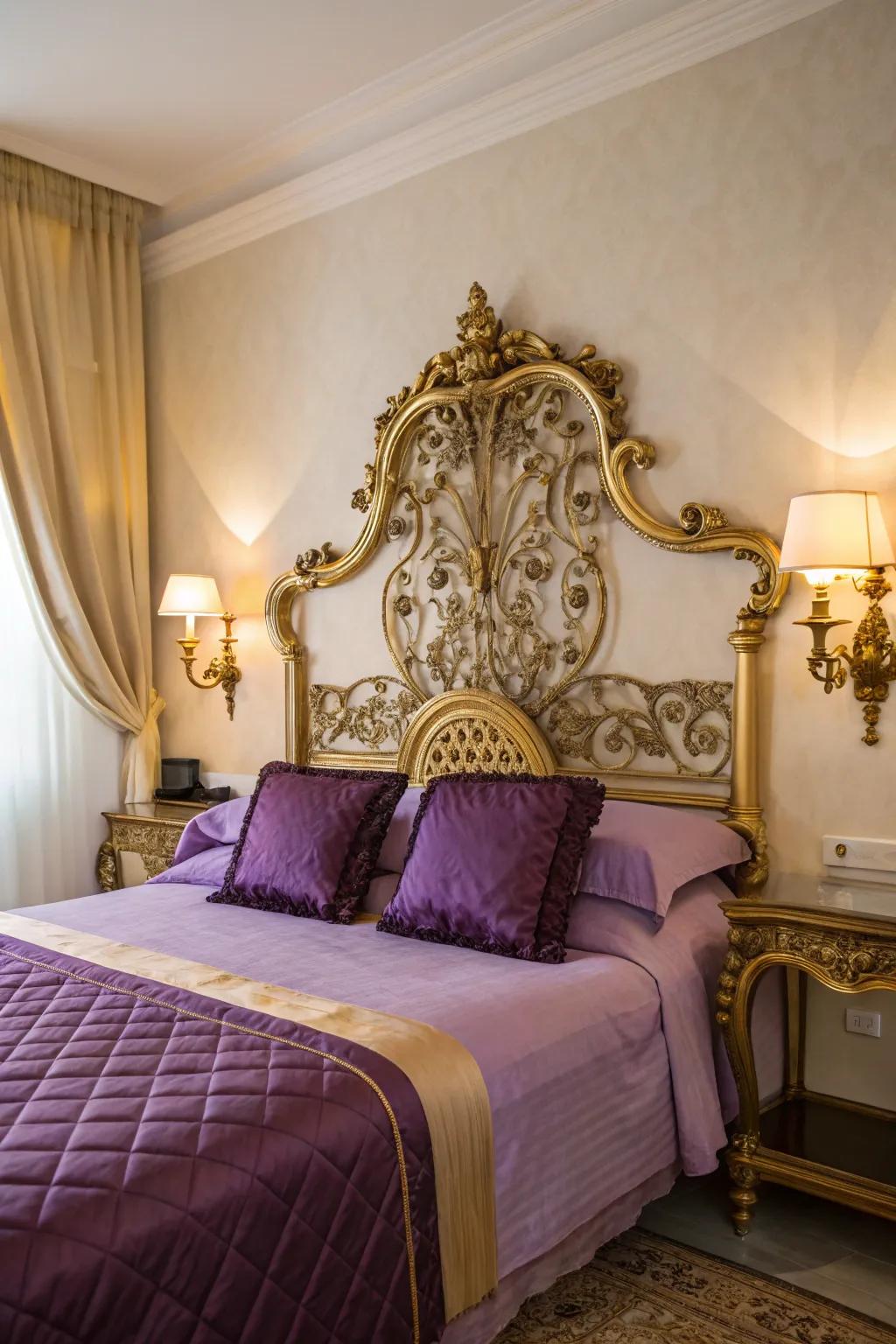 An ornate gold headboard brings drama and elegance to your bedroom.