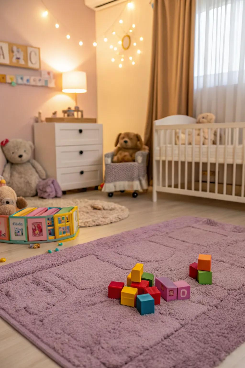 A deluxe purple floor covering creates a comfortable play area.