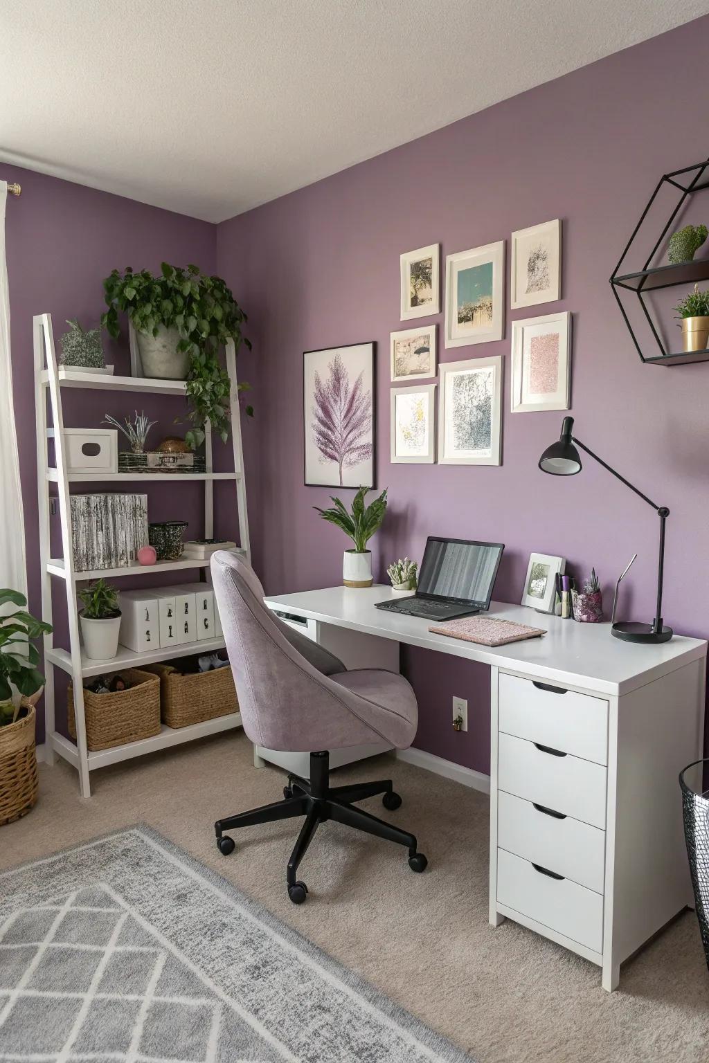 A personal workspace boosted by purple walls and elegant decorations.