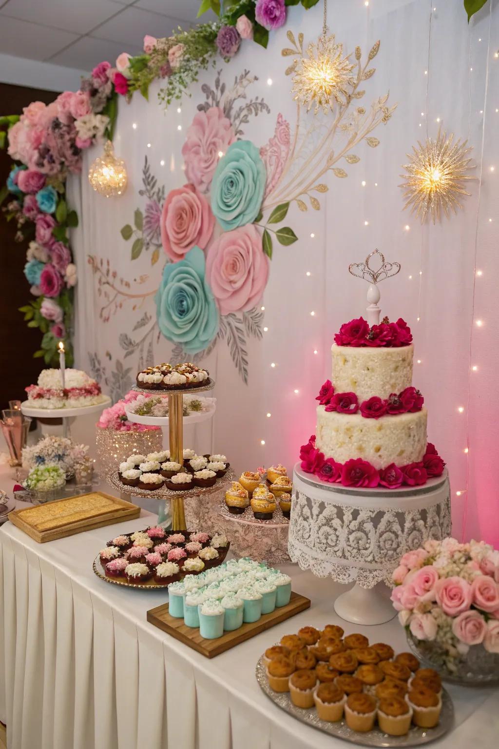 A dessert table backdrop makes all the treats even more tempting.