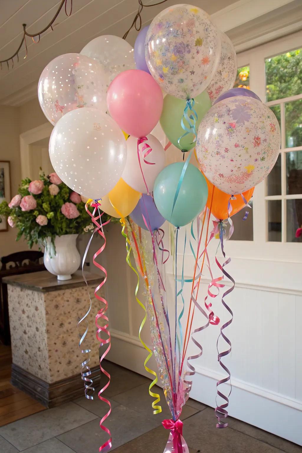 Balloon bouquets featuring ribbons add flair to the decor.