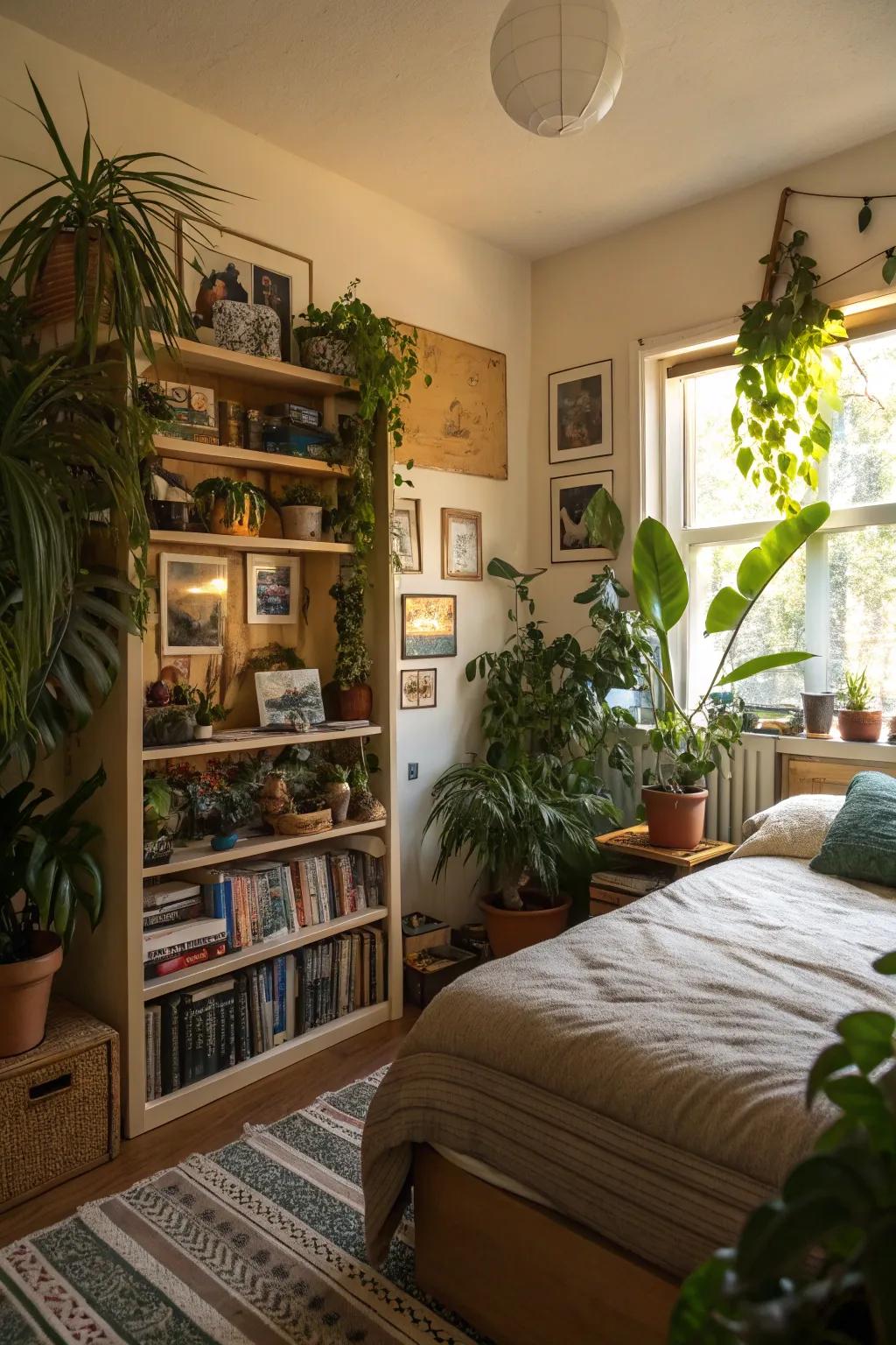 Individual accents featuring collectibles and flora enhancing the area.